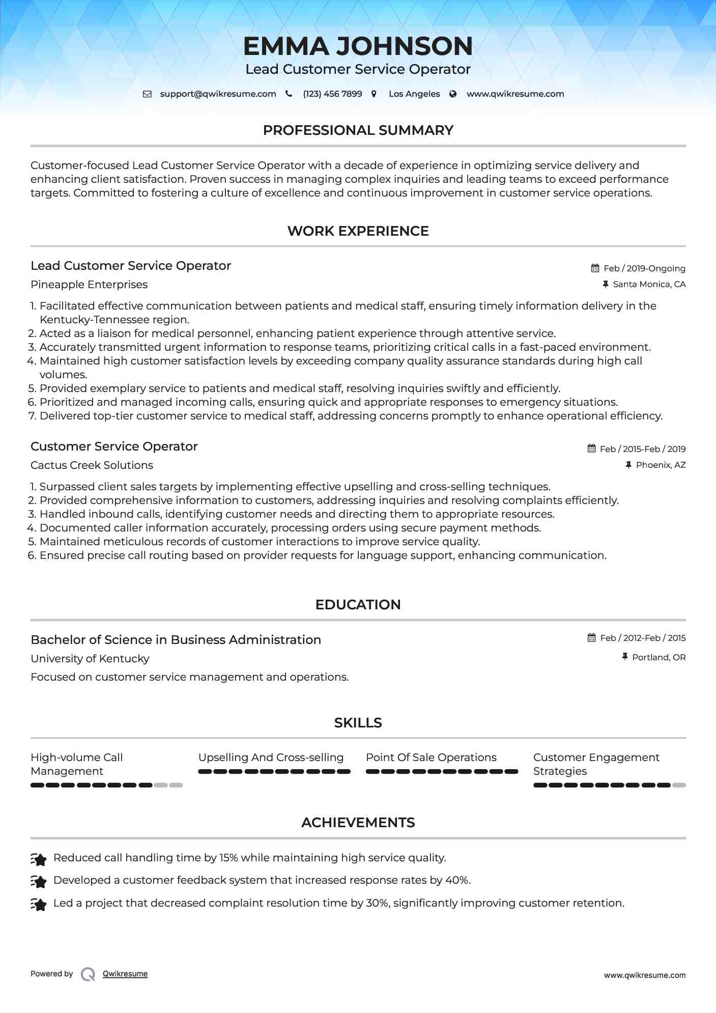 Lead Customer Service Operator Resume Example