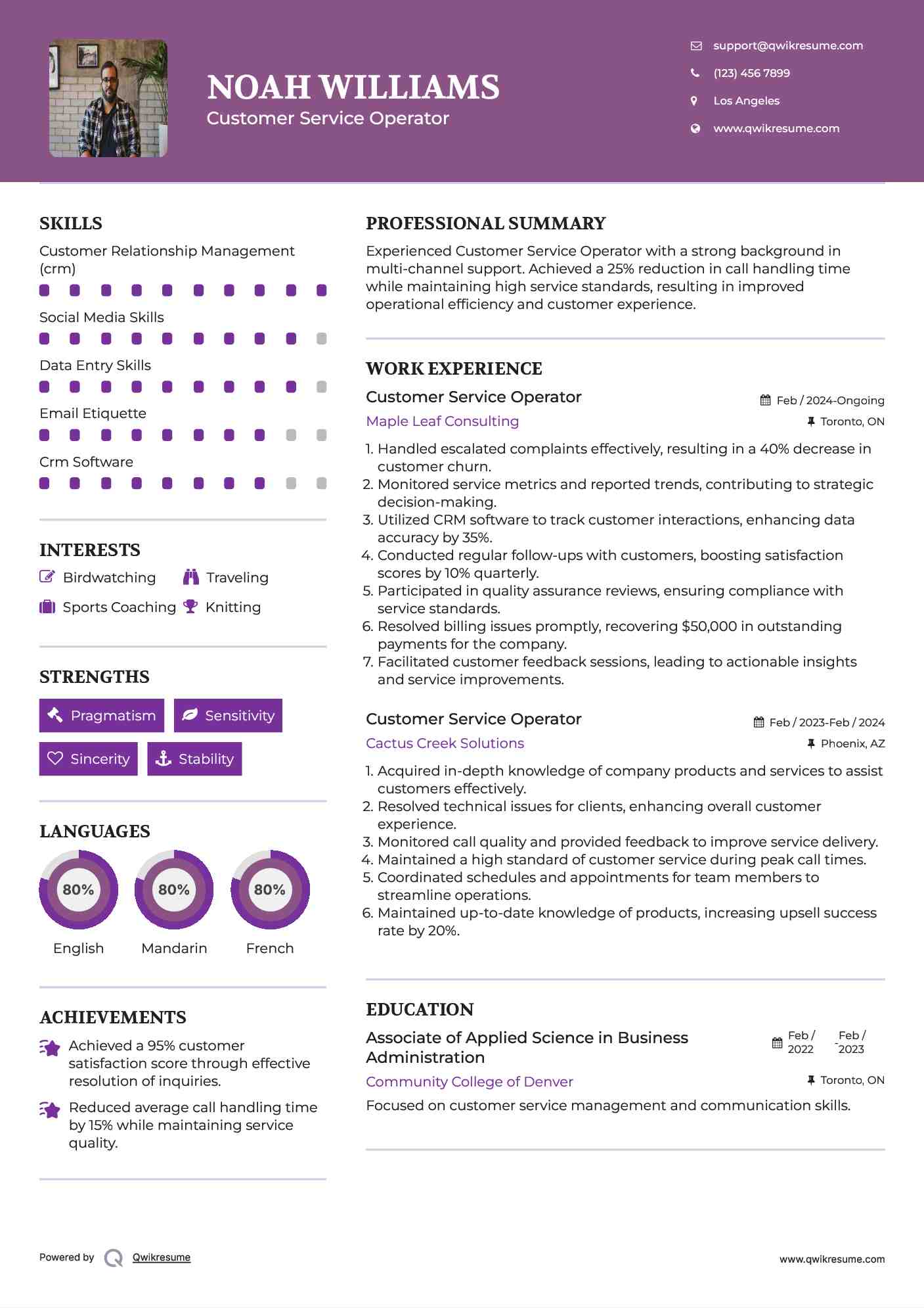 Customer Service Operator Resume Example