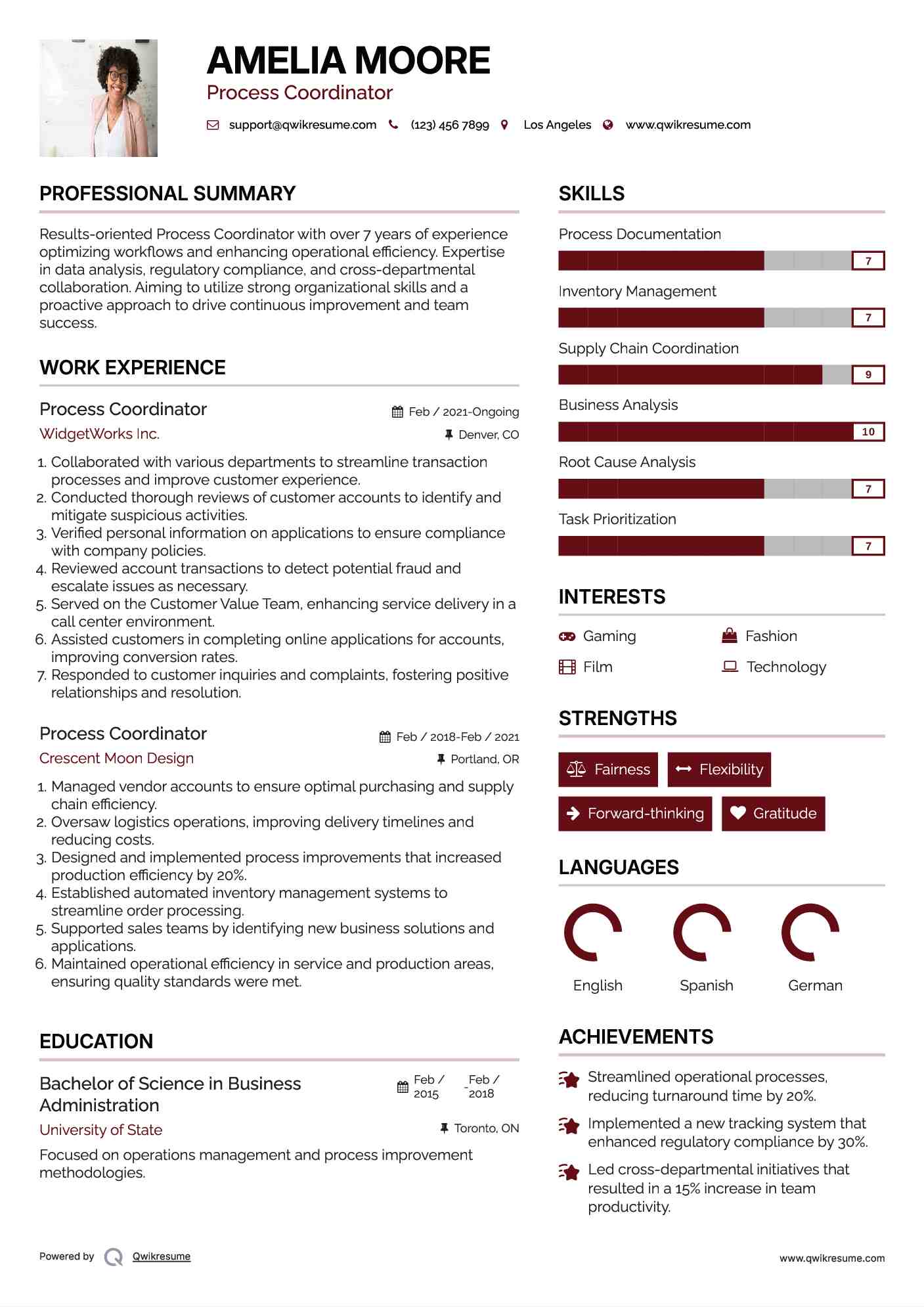 Process Coordinator Resume Sample