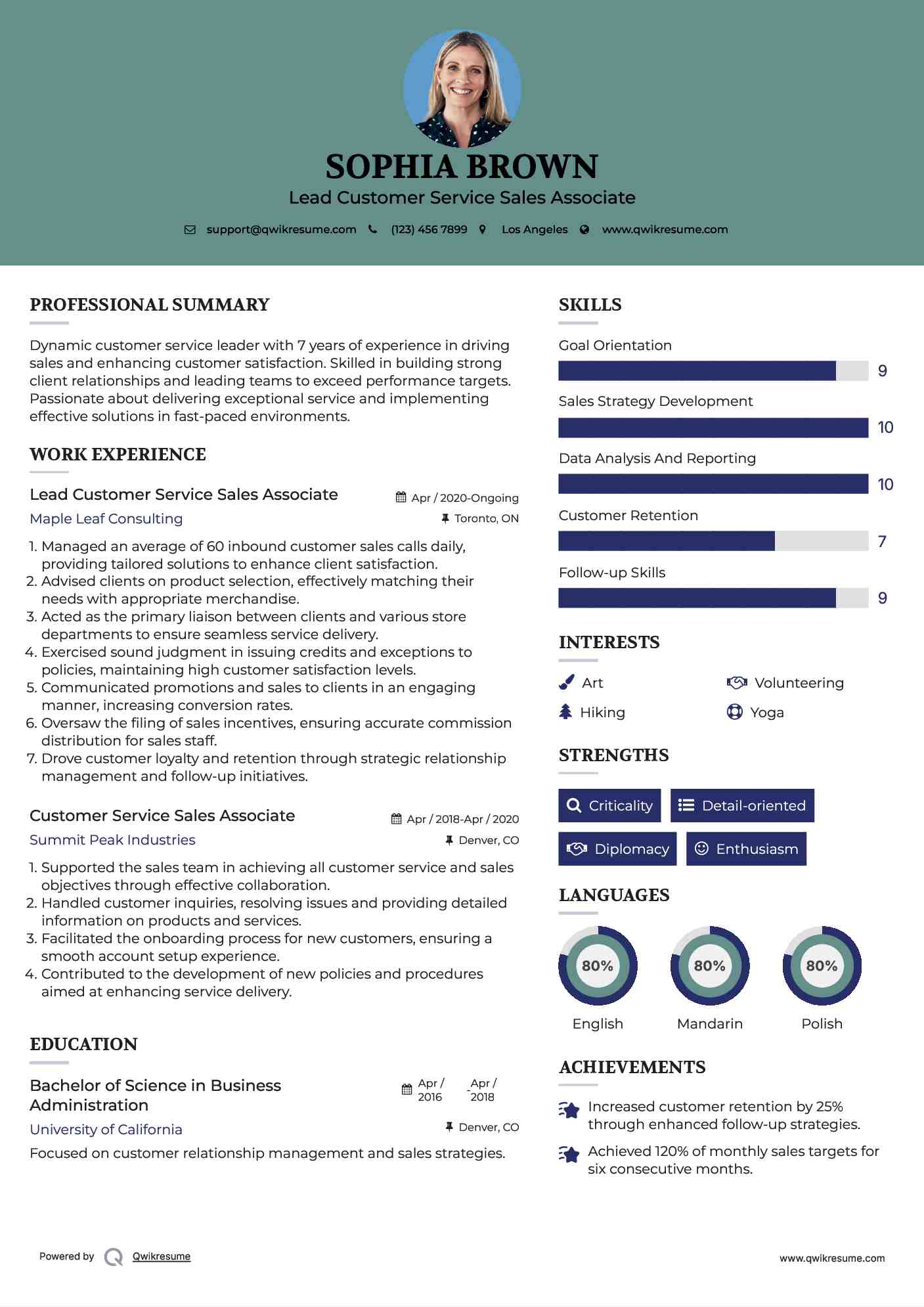 Lead Customer Service Sales Associate Resume Sample