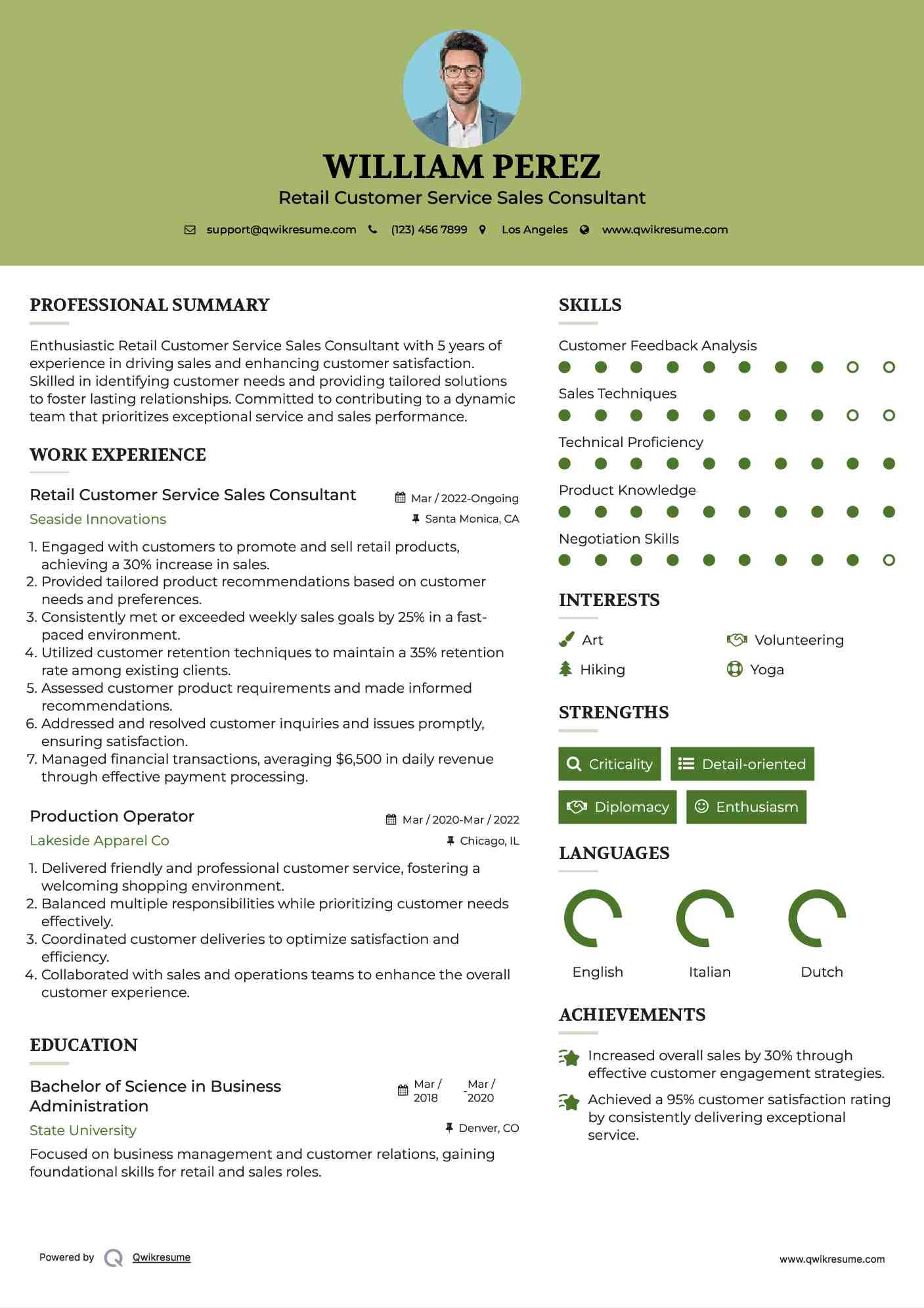 Retail Customer Service Sales Consultant Resume Sample