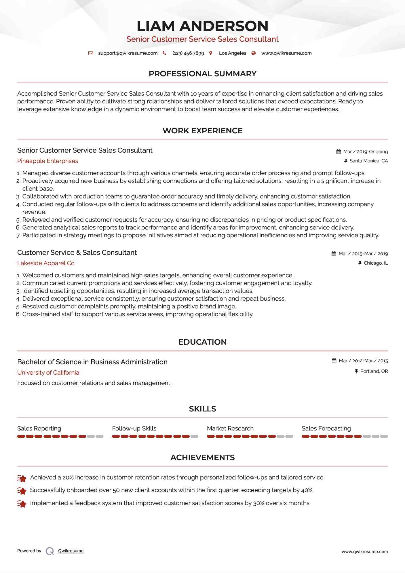 Senior Customer Service Sales Consultant Resume Sample