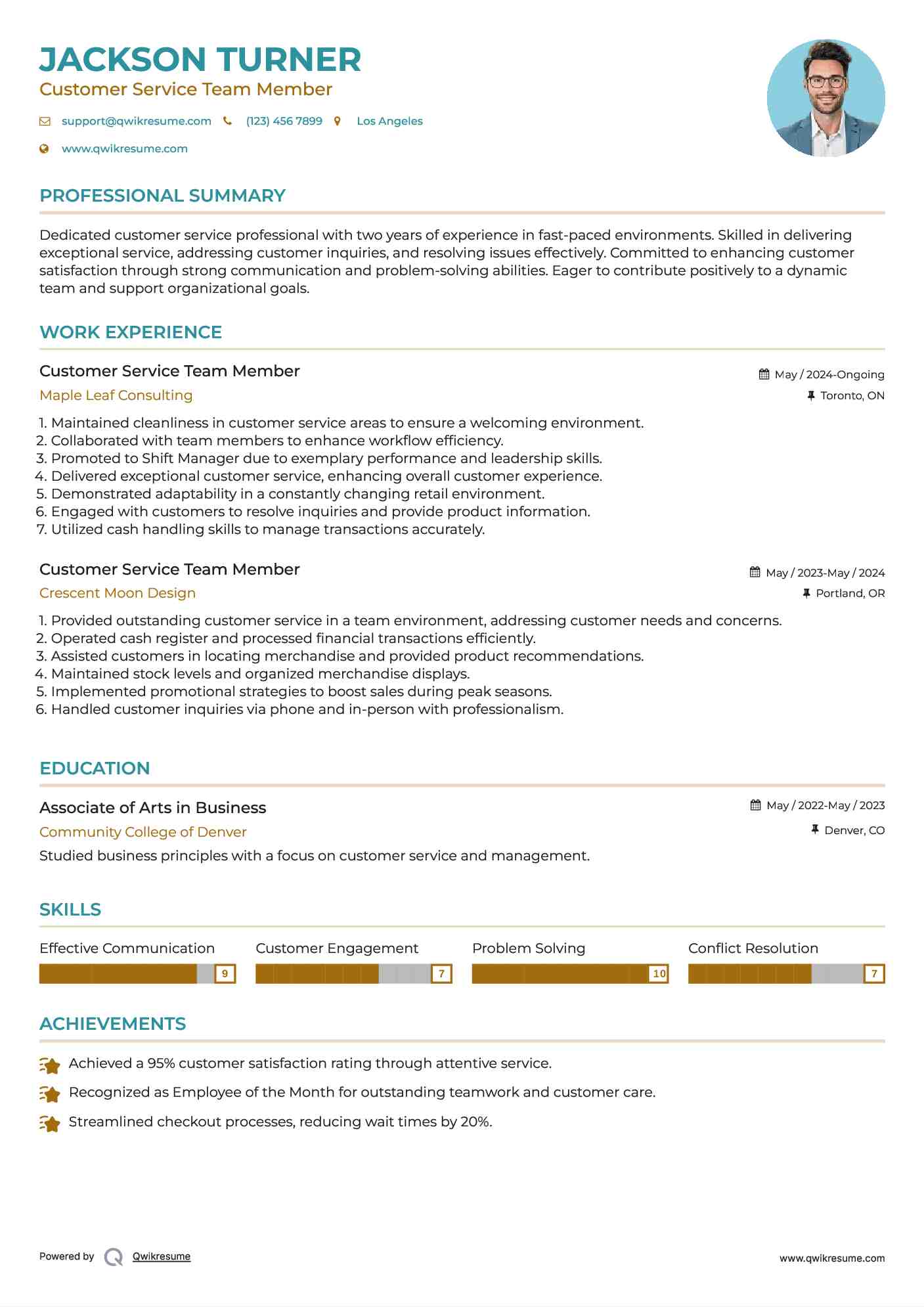 Customer Service Team Member Resume Template