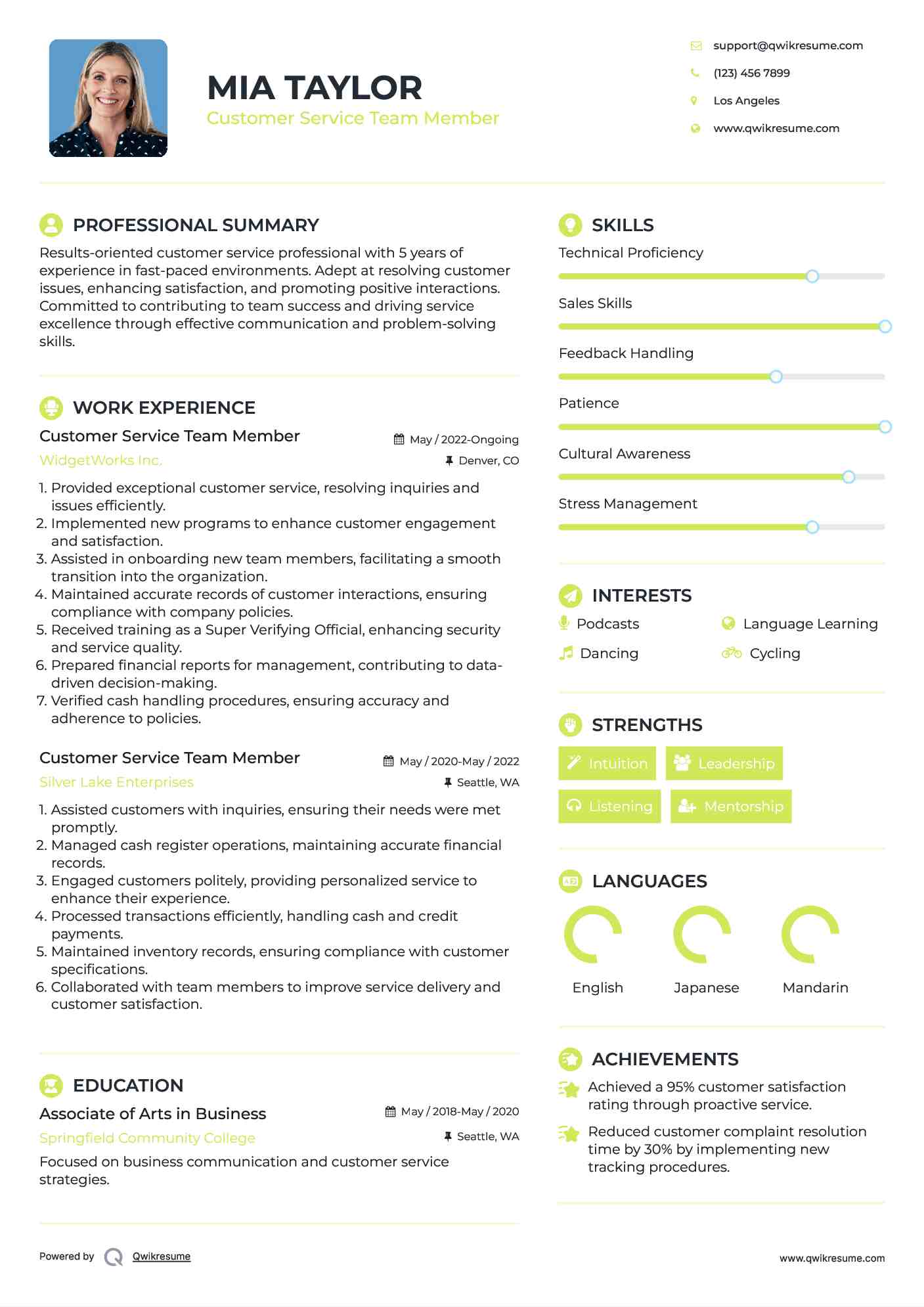 Customer Service Team Member Resume Model