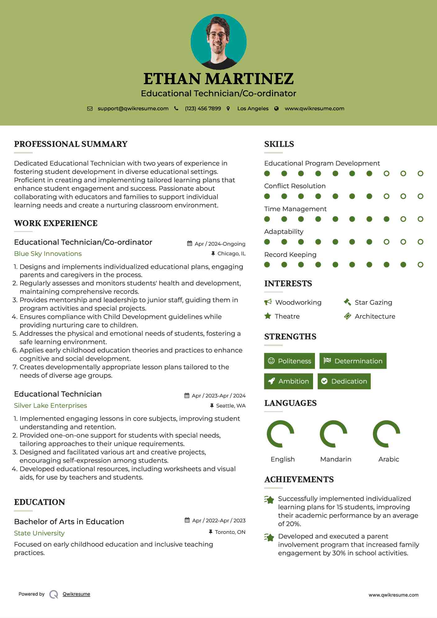 Educational Technician/Co-ordinator Resume Model