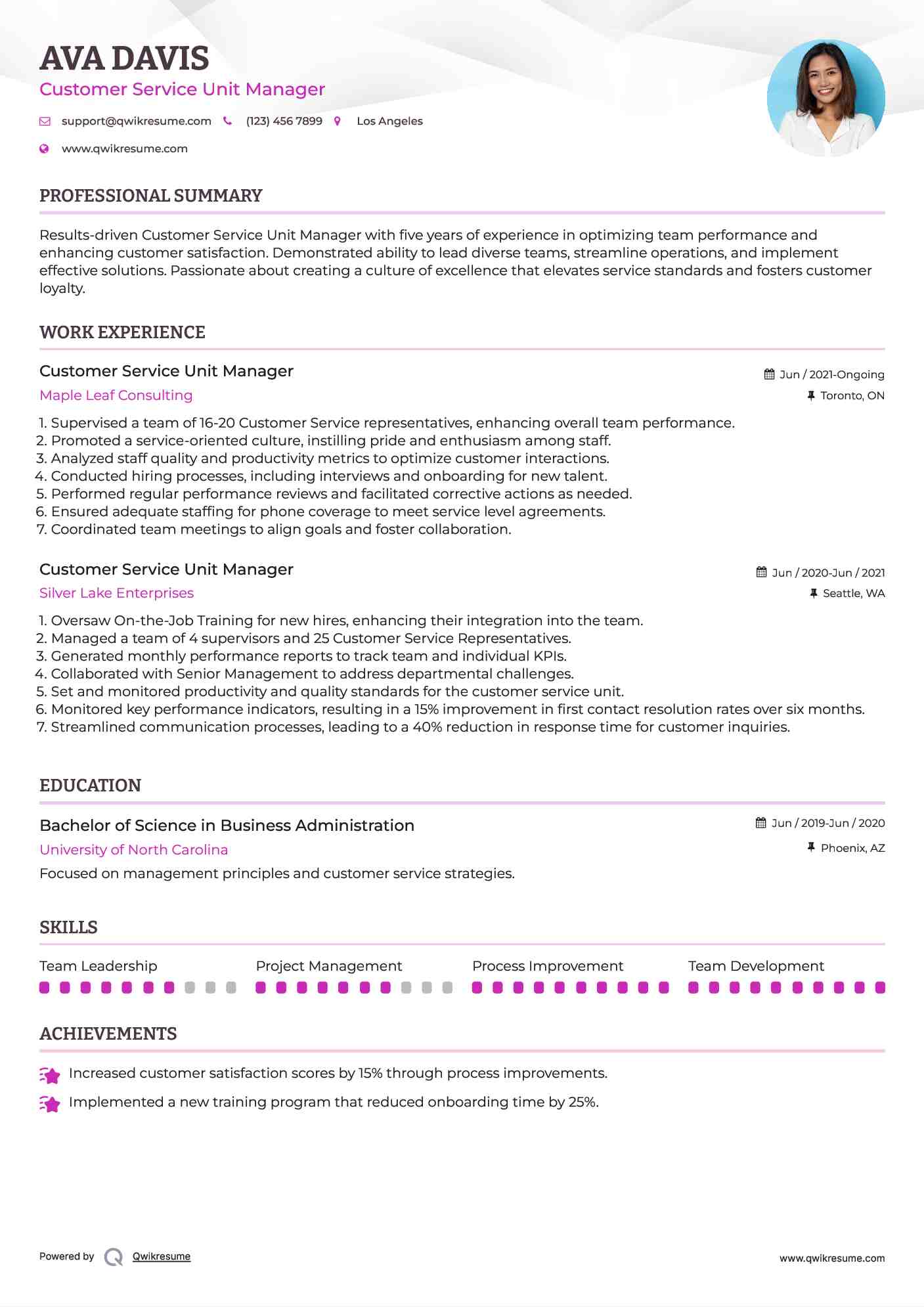 Customer Service Unit Manager Resume Template