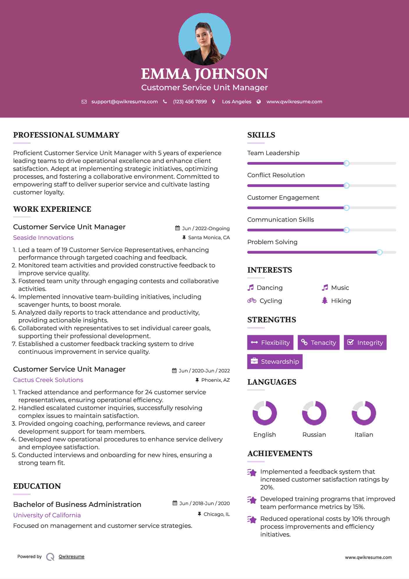 Customer Service Unit Manager Resume Sample