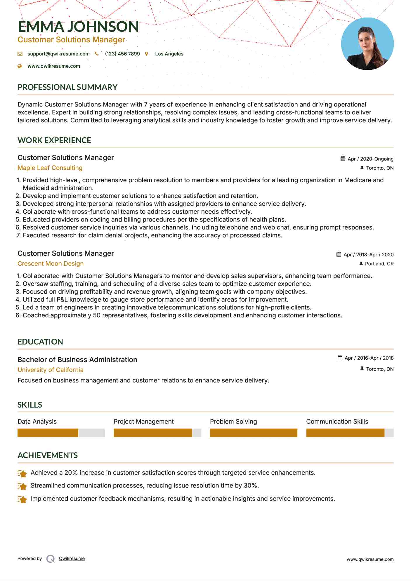 Customer Solutions Manager Resume Model