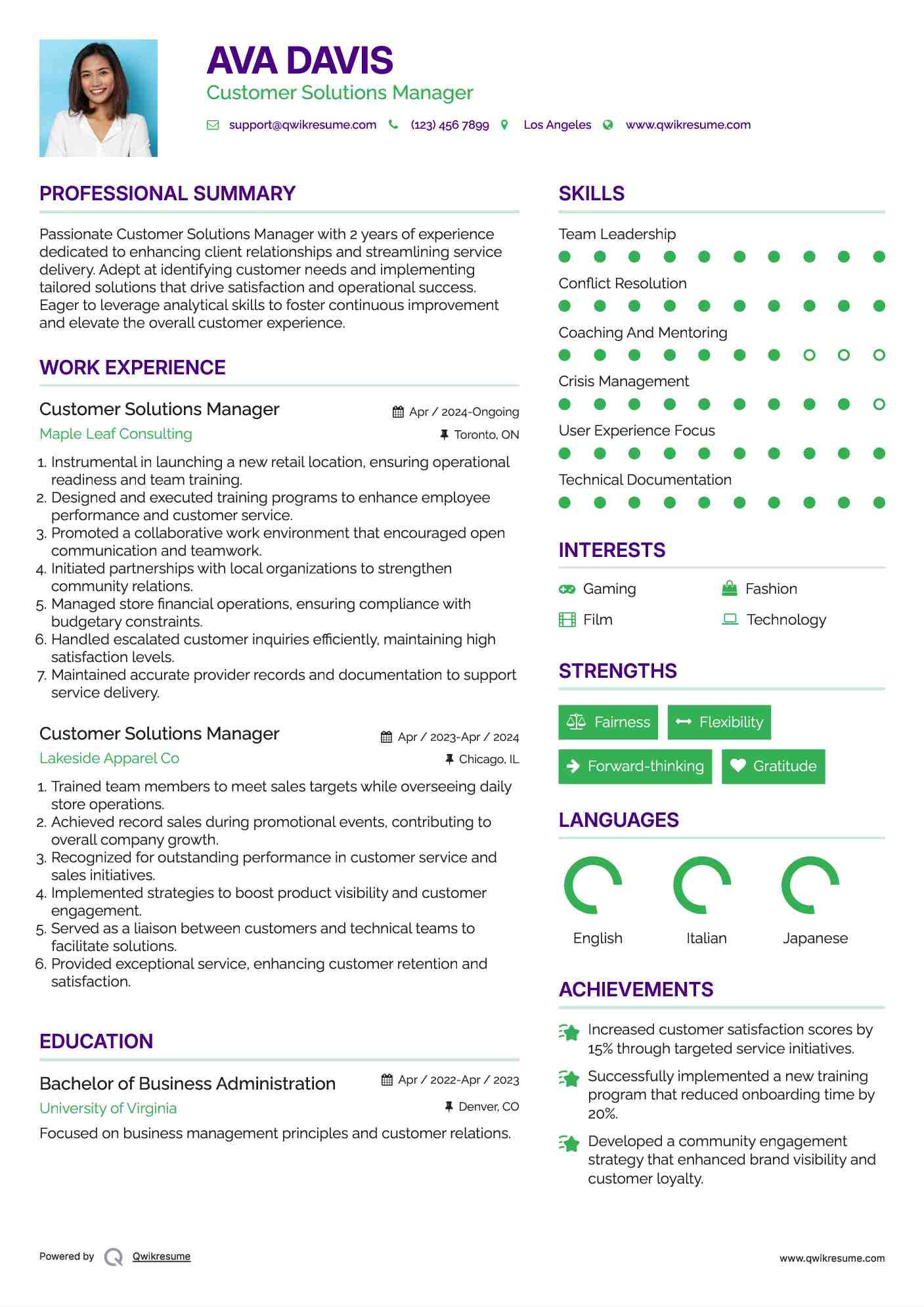 Customer Solutions Manager Resume Template