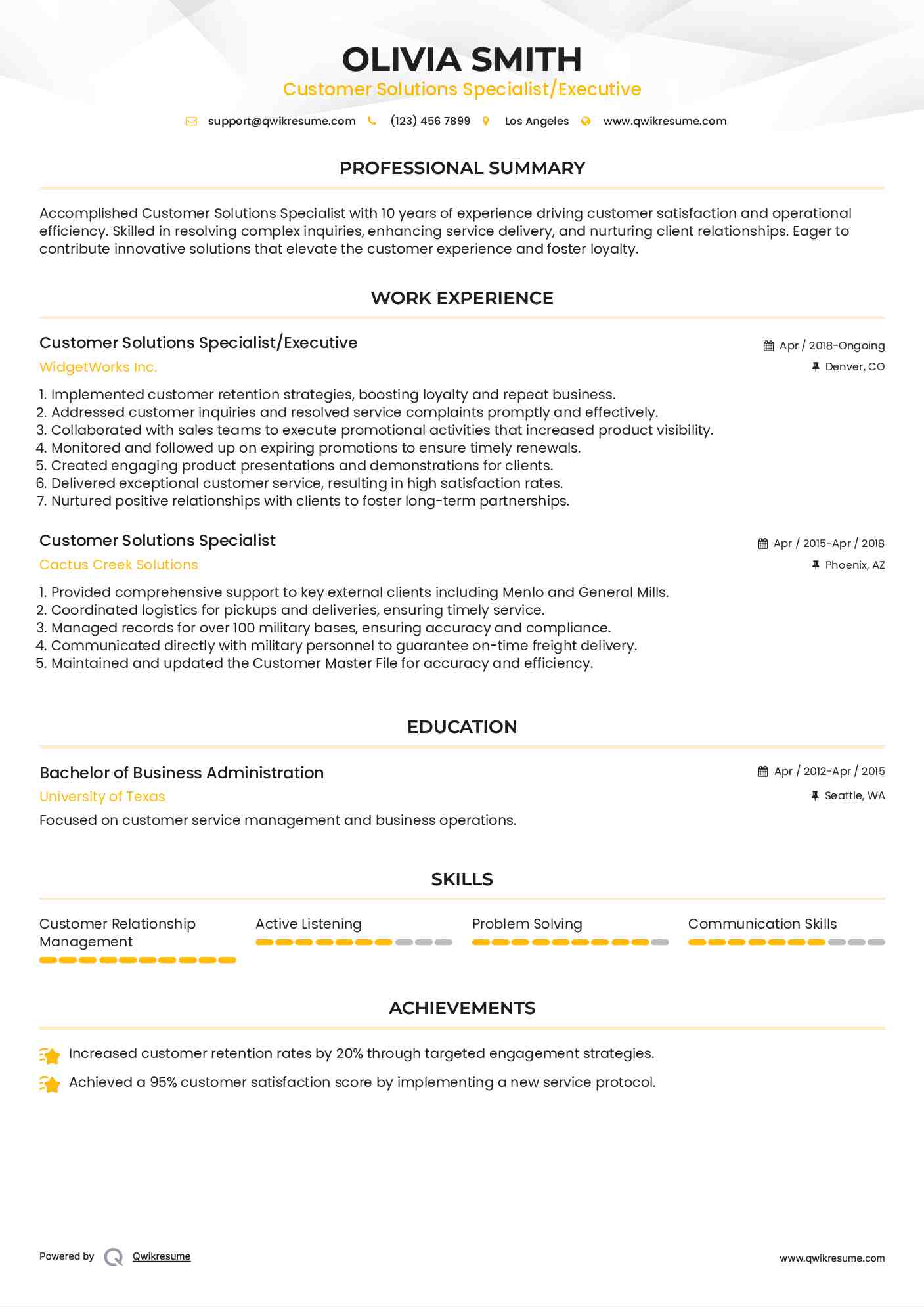 Customer Solutions Specialist/Executive Resume Example