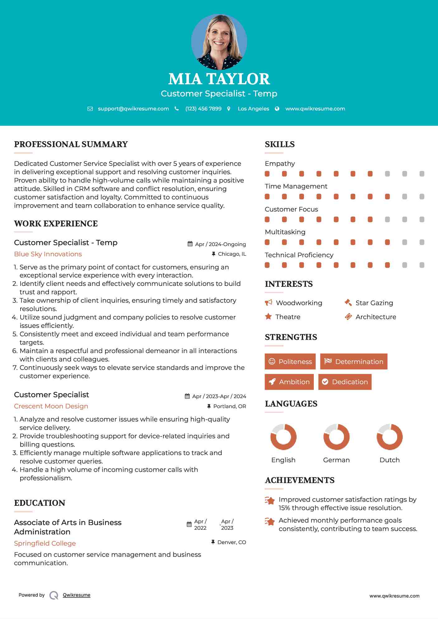 Customer Specialist - Temp Resume Model