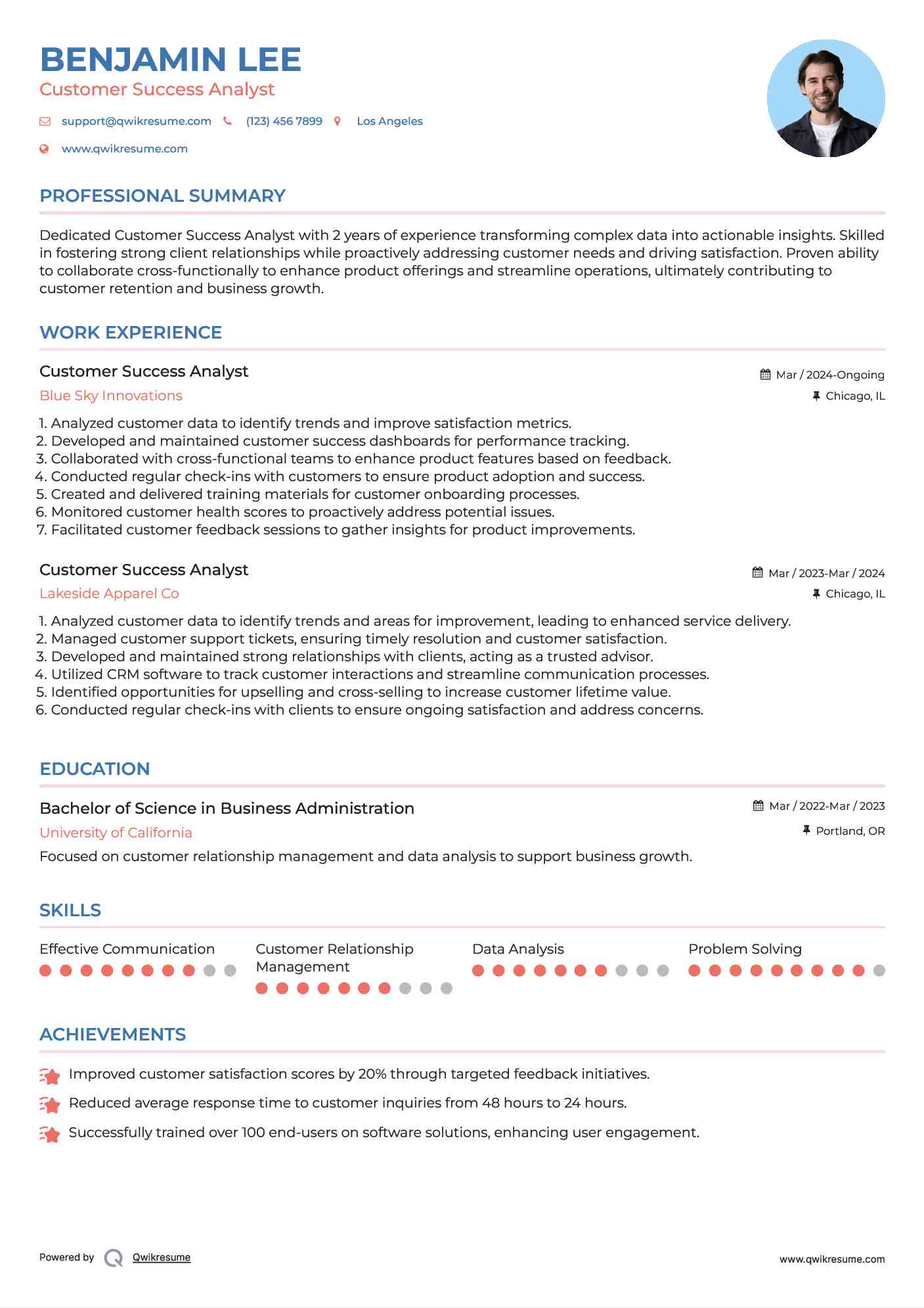 Customer Success Analyst Resume Template