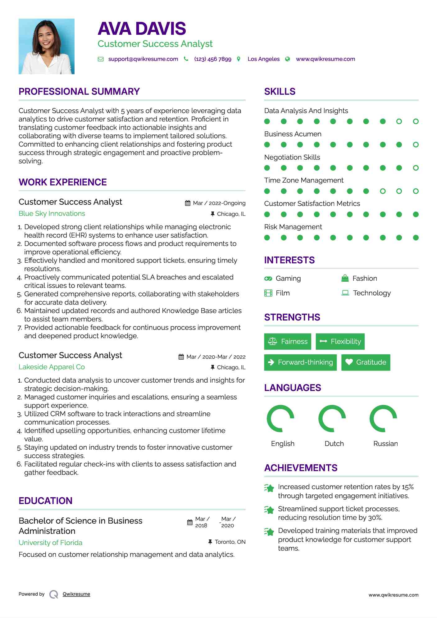 Customer Success Analyst Resume Model