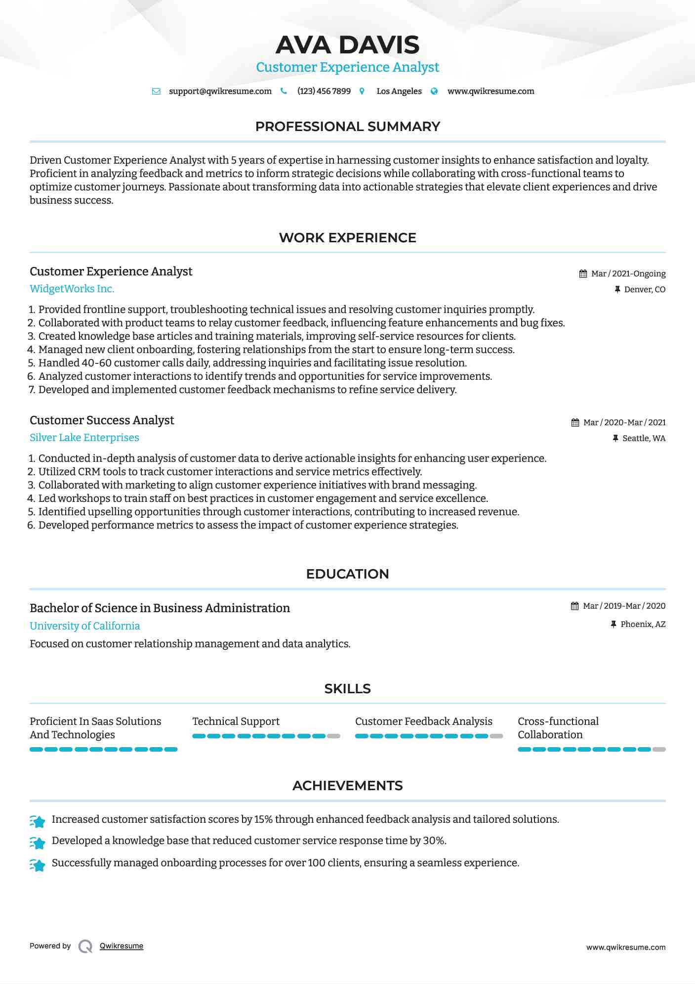 Customer Experience Analyst Resume Model