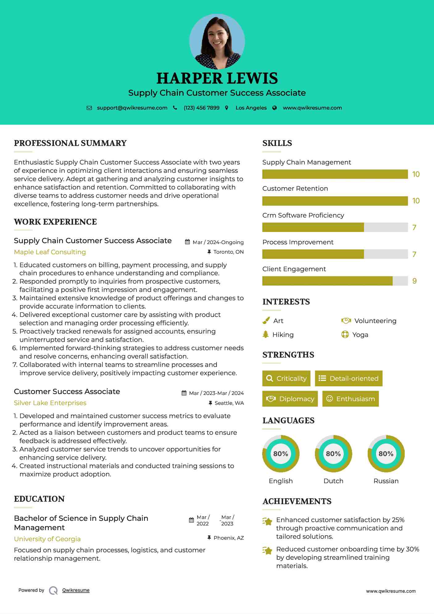 Supply Chain Customer Success Associate
 Resume Model