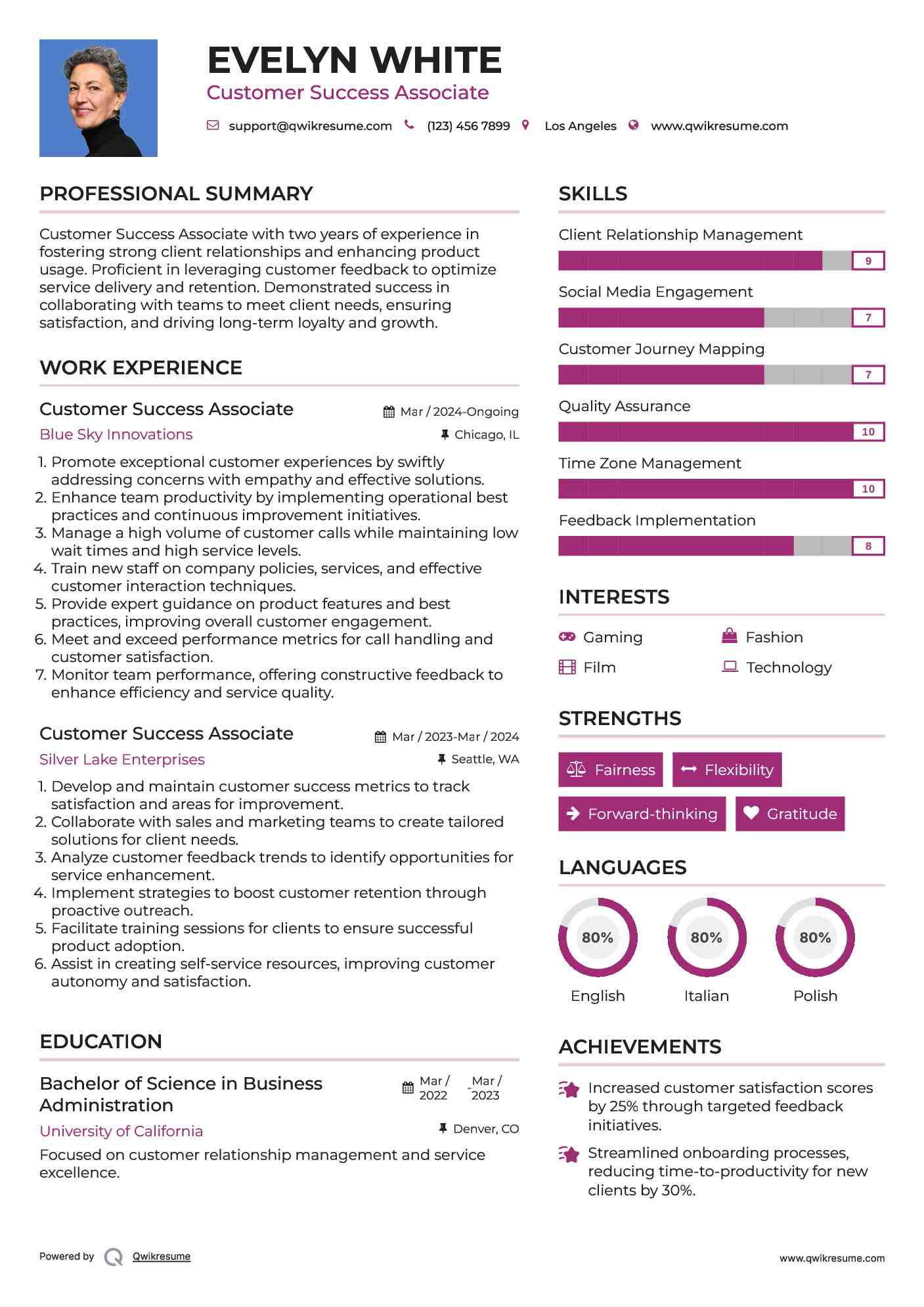 Customer Success Associate Resume Sample