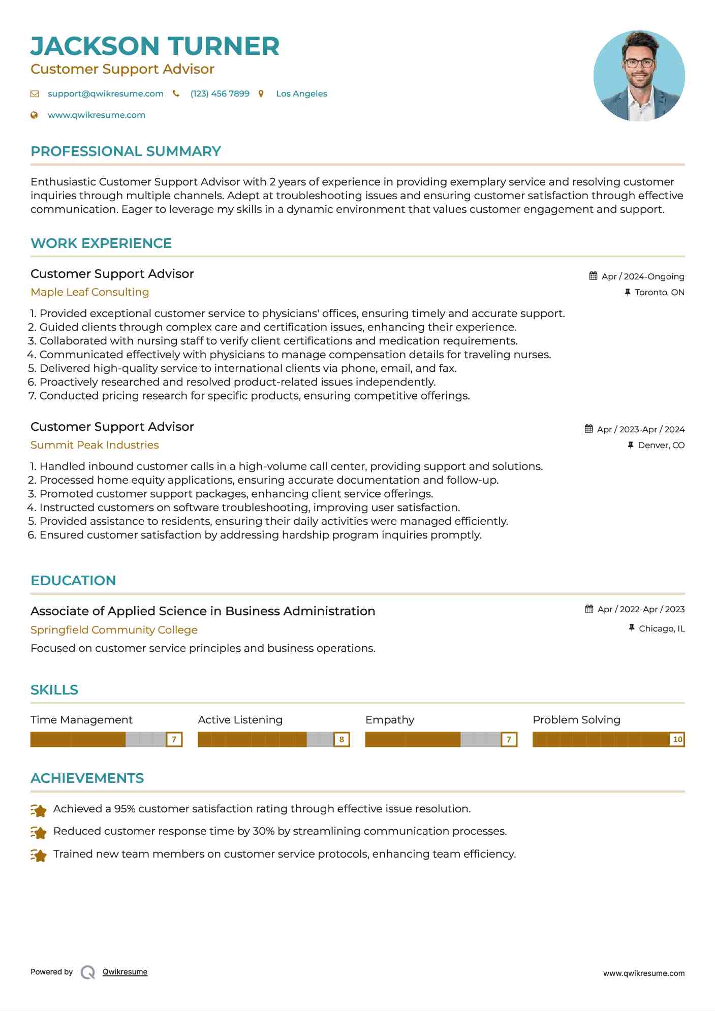 Customer Support Advisor Resume Format