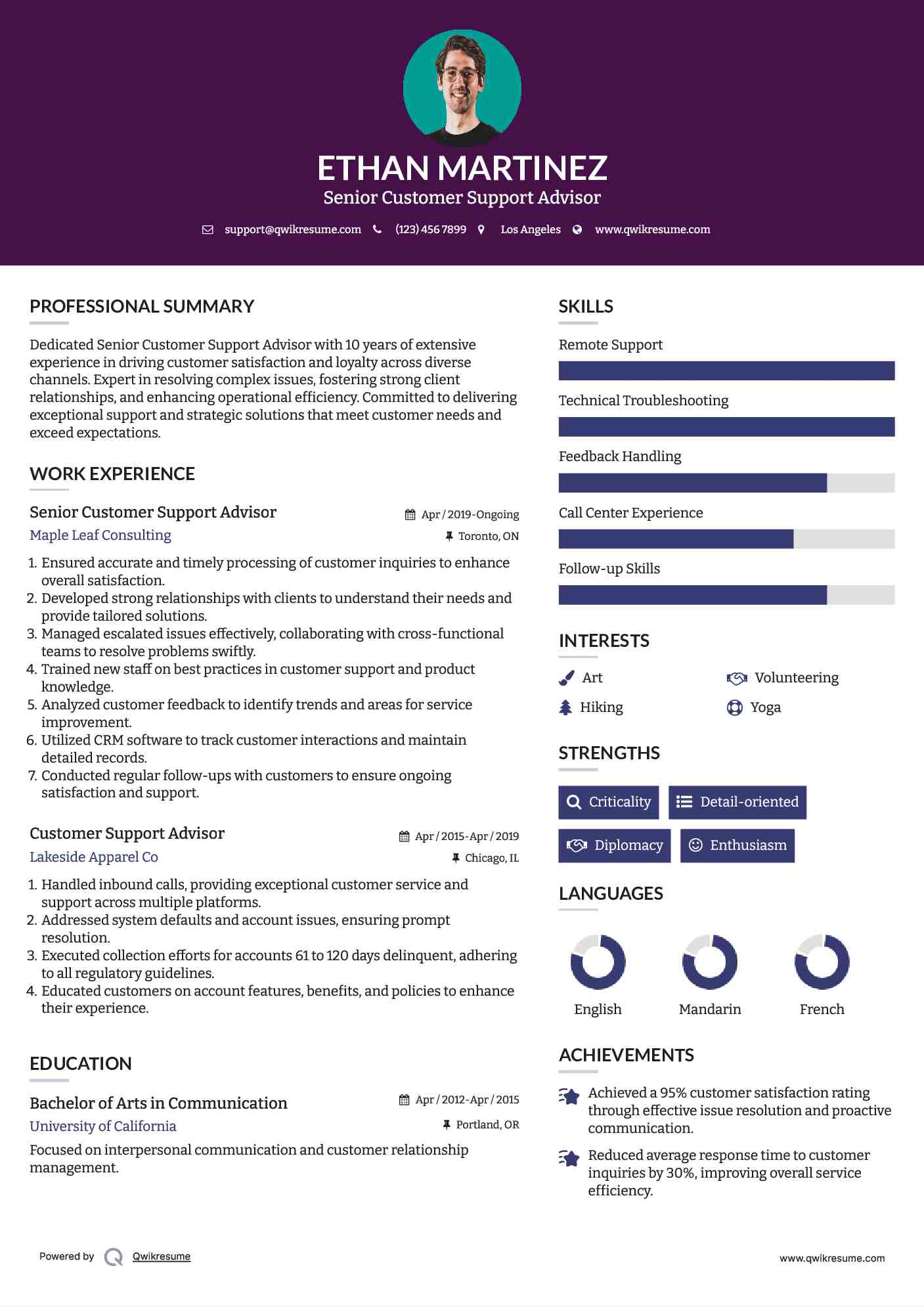 Senior Customer Support Advisor Resume Example
