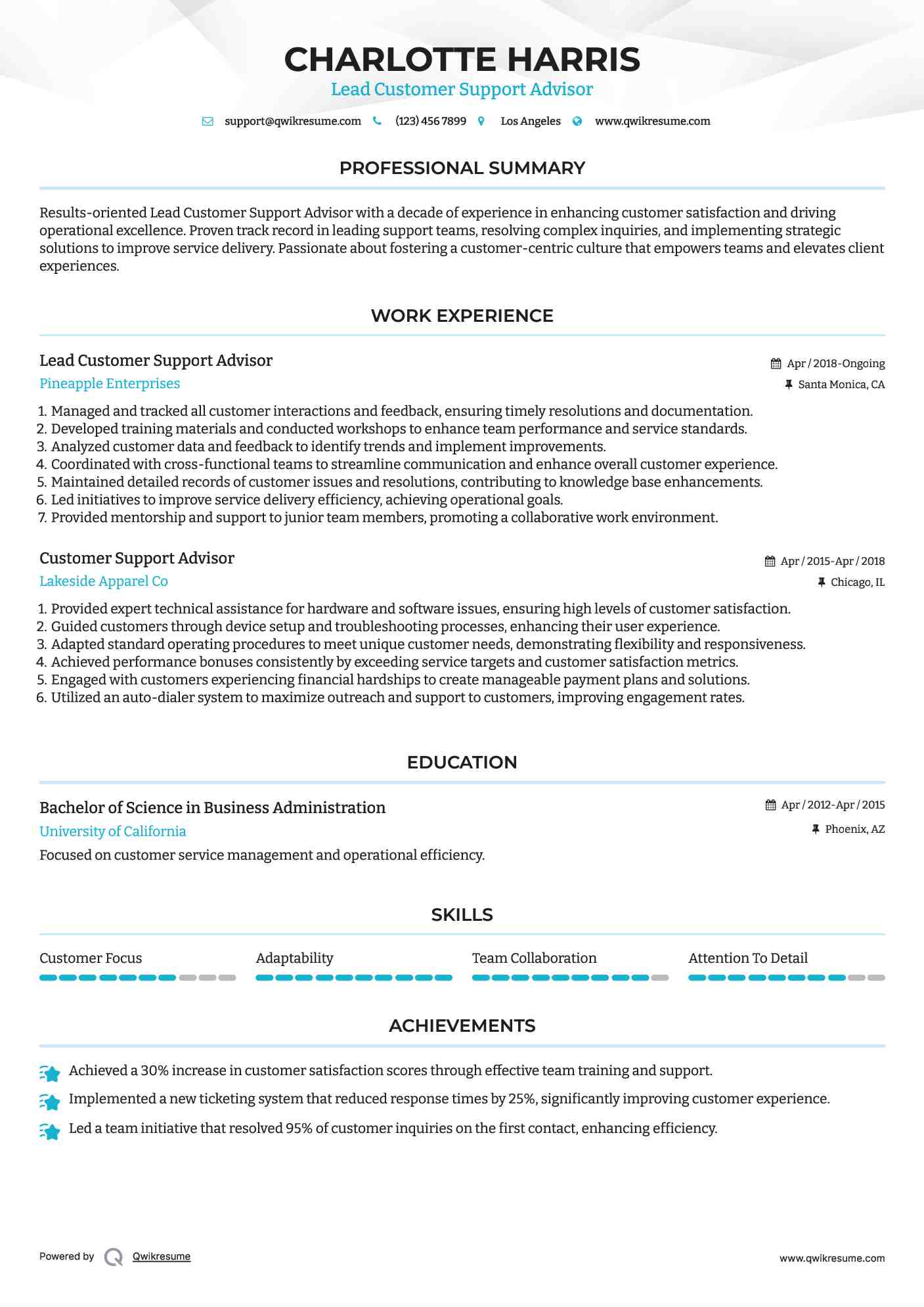 Lead Customer Support Advisor Resume Model