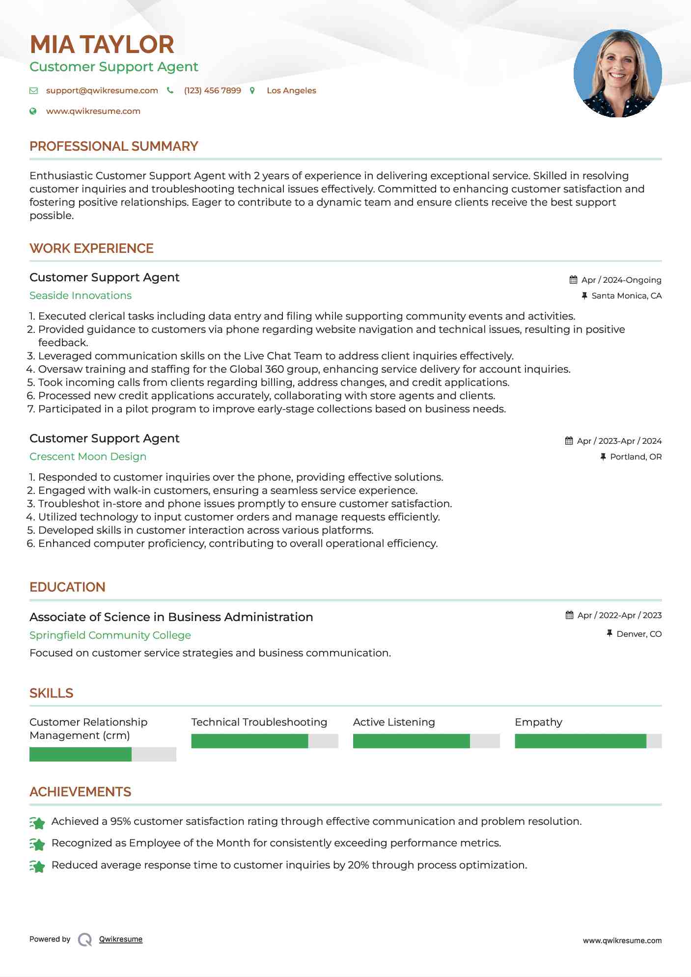 Customer Support Agent Resume Example