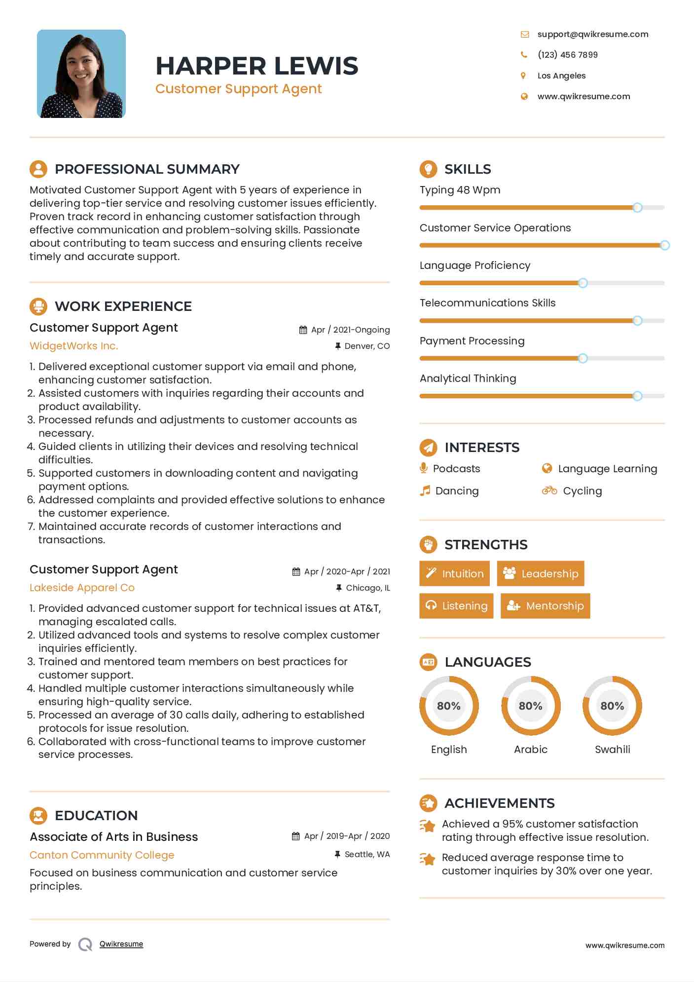 Customer Support Agent Resume Format