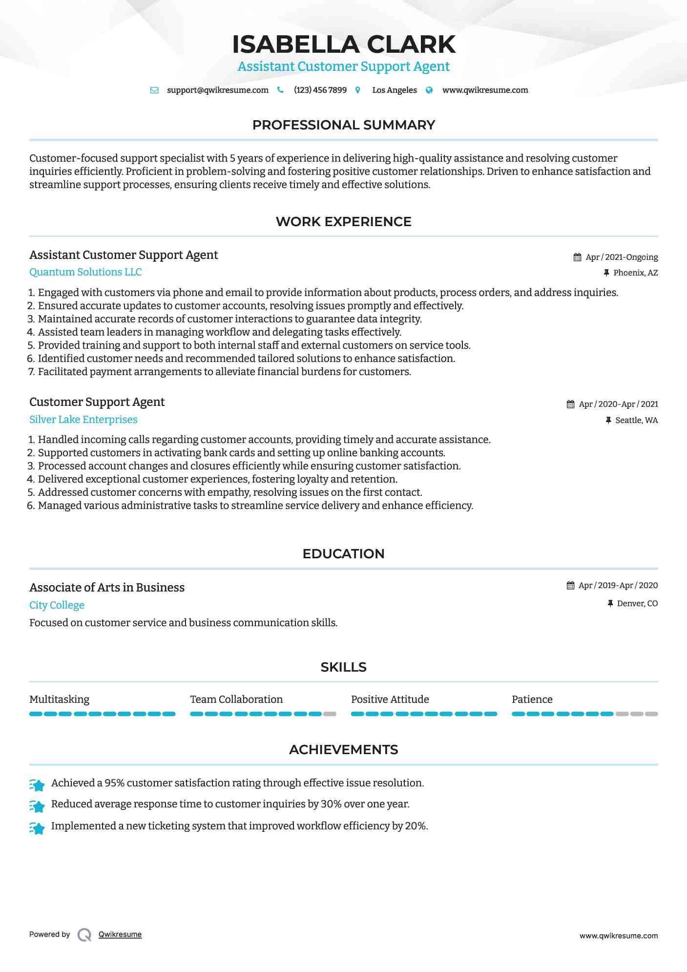 Assistant Customer Support Agent Resume Model