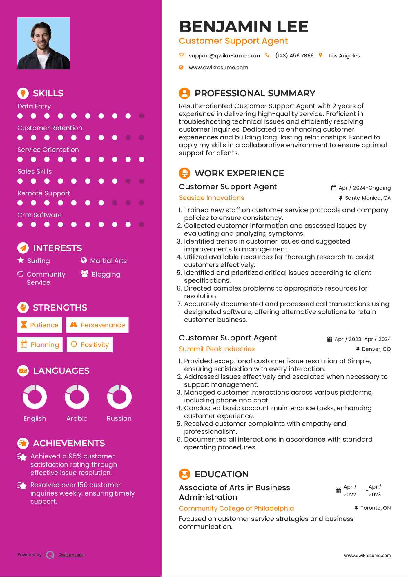 Customer Support Agent Resume Example