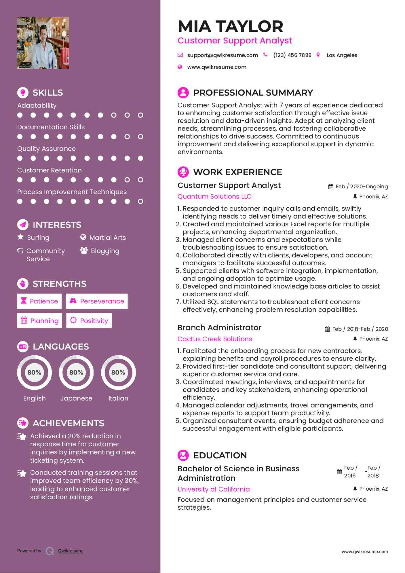 Customer Support Analyst Resume Example