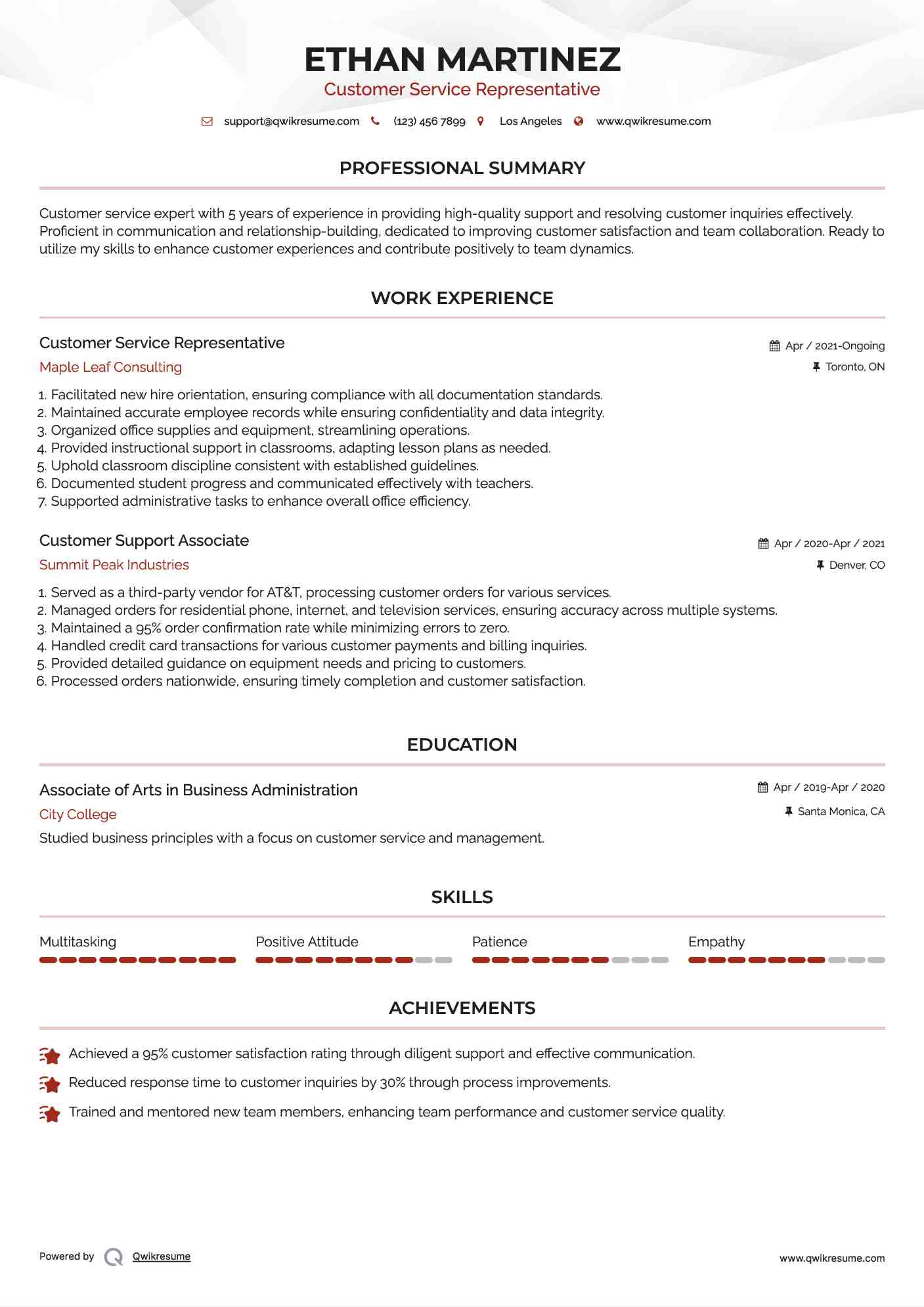 Customer Service Representative Resume Format