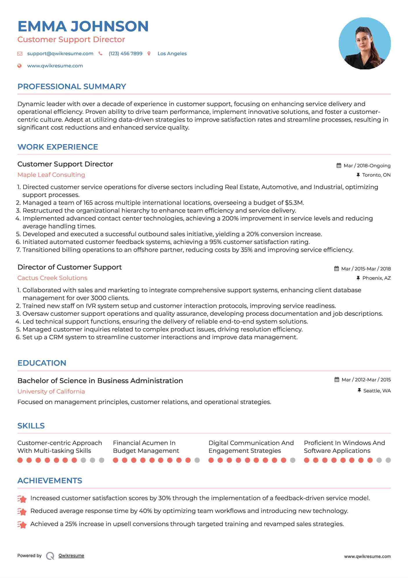 Customer Support Director Resume Model