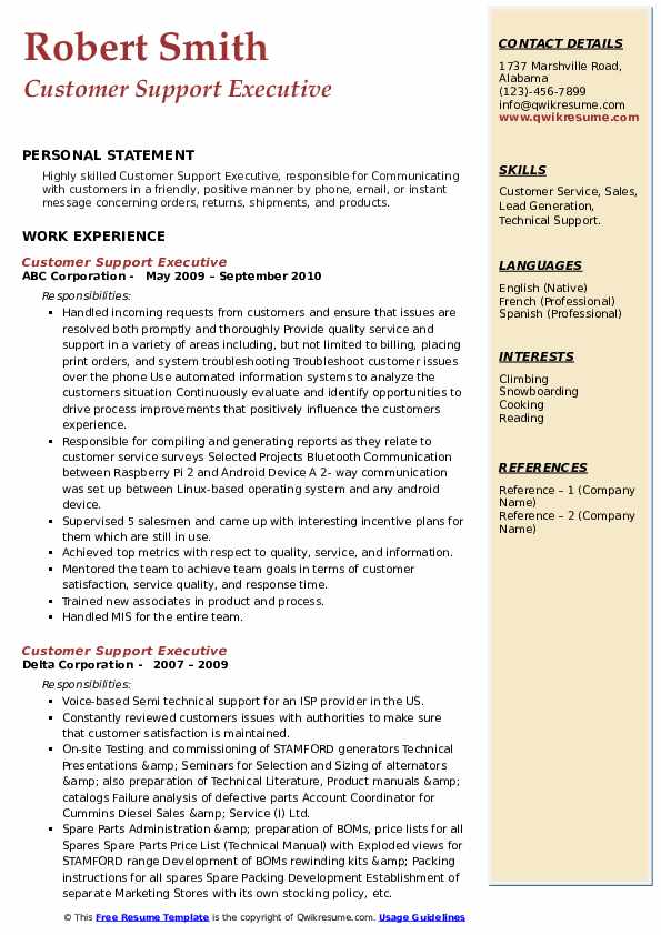 resume for customer support executive