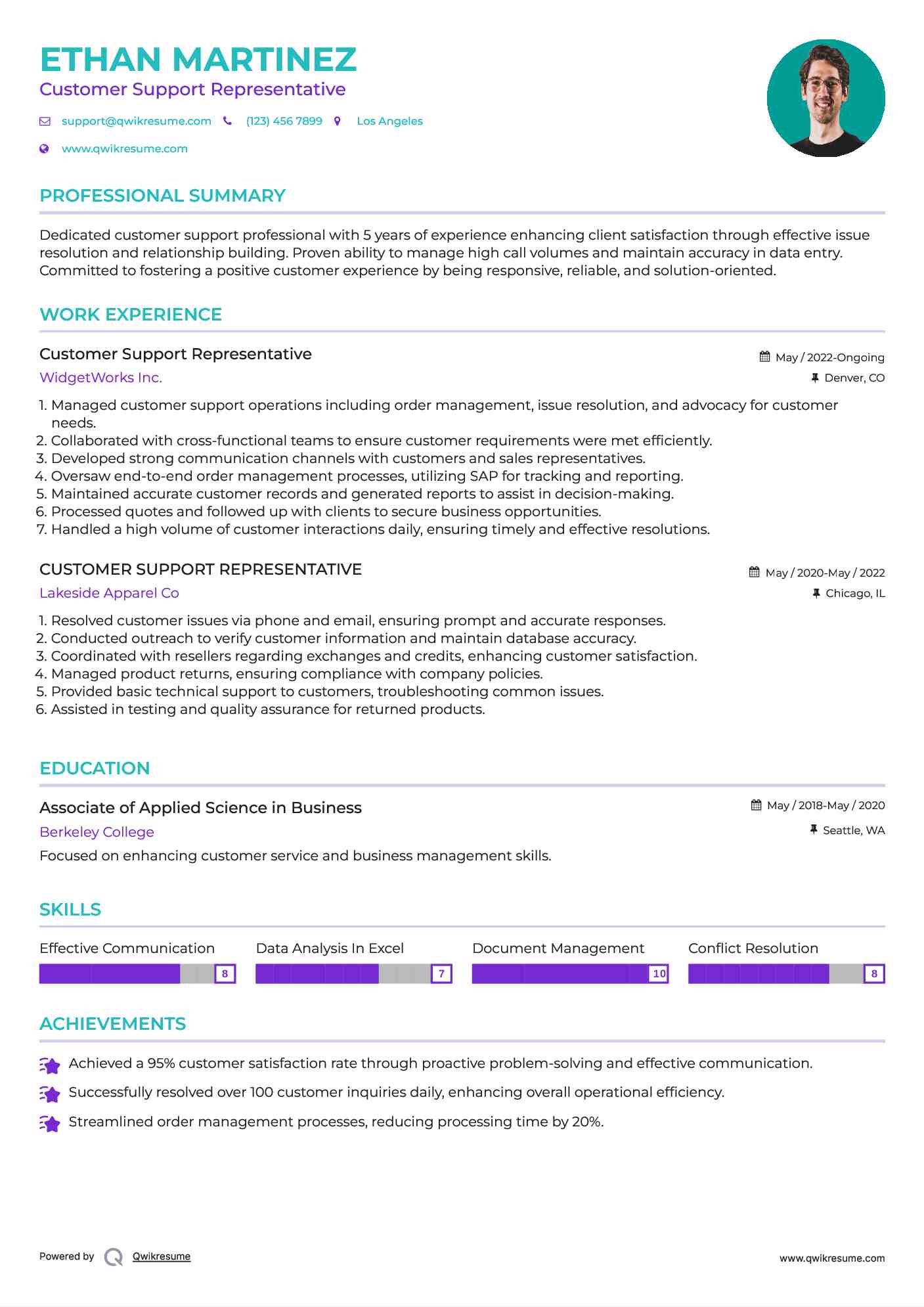 Customer Support Representative Resume Sample