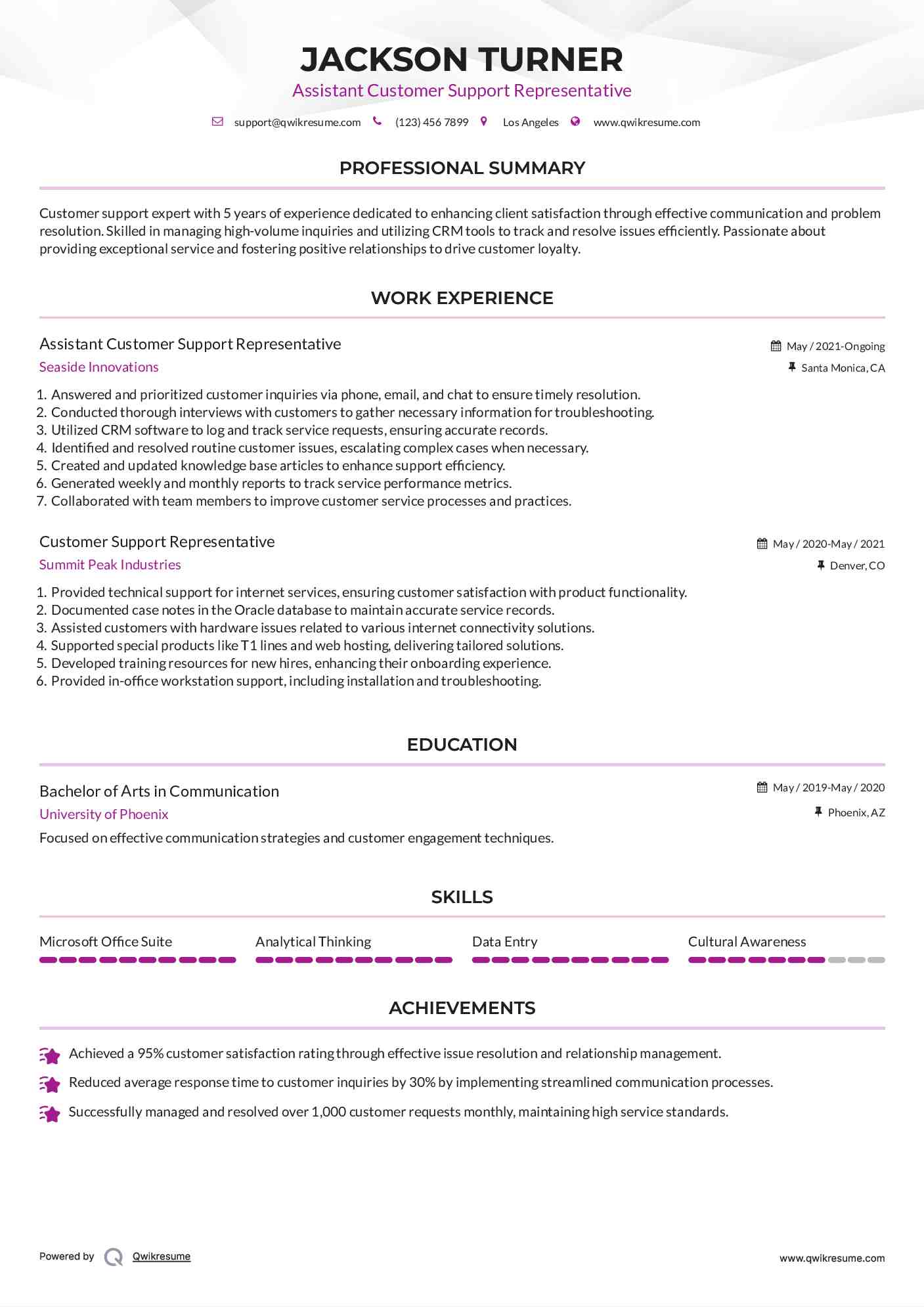 Assistant Customer Support Representative Resume Template