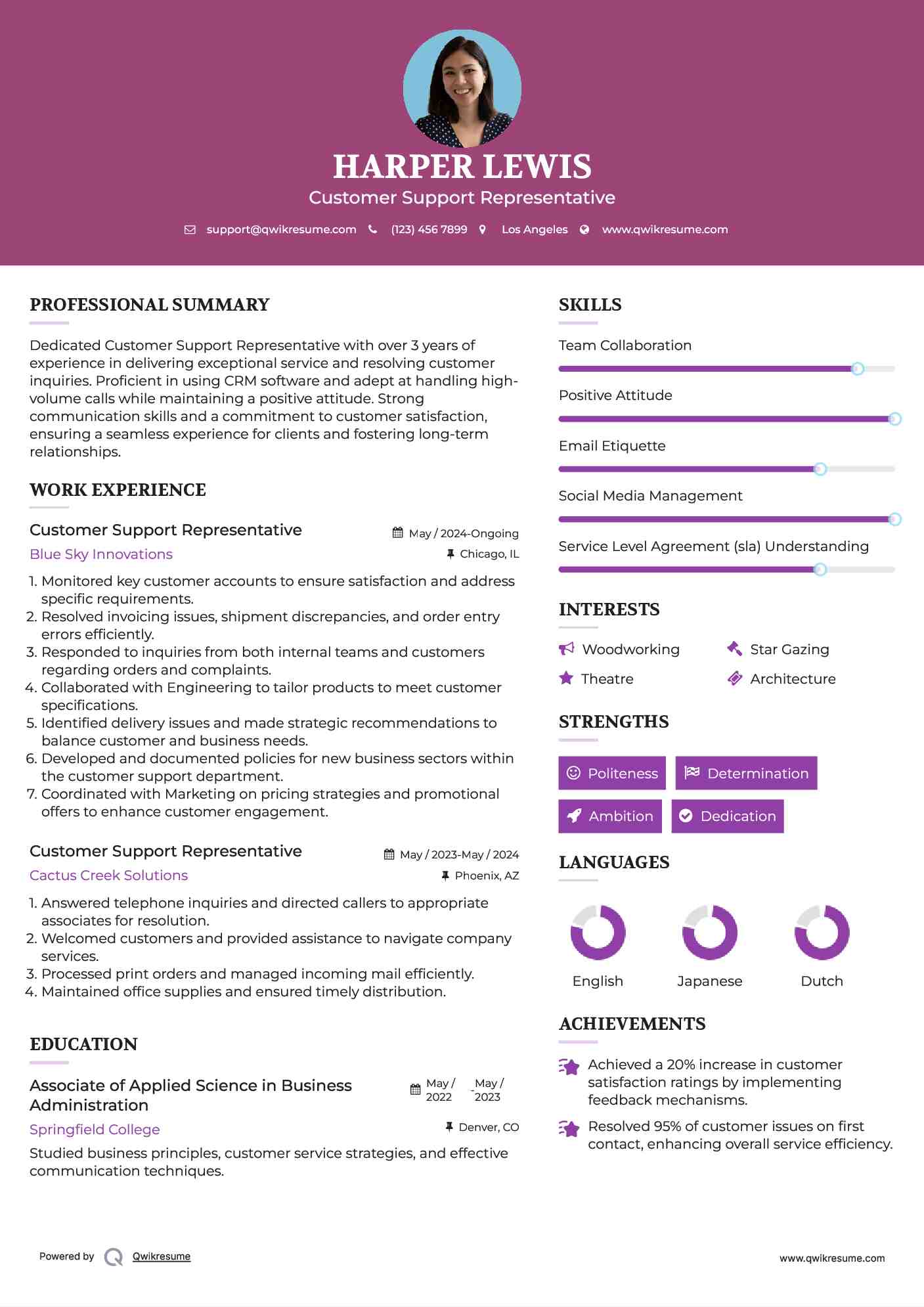 Customer Support Representative Resume Template