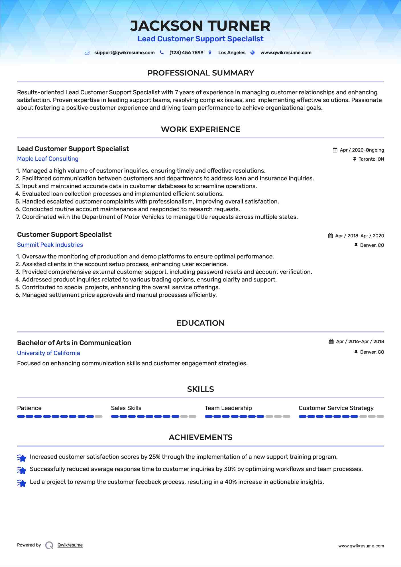 Lead Customer Support Specialist Resume Example