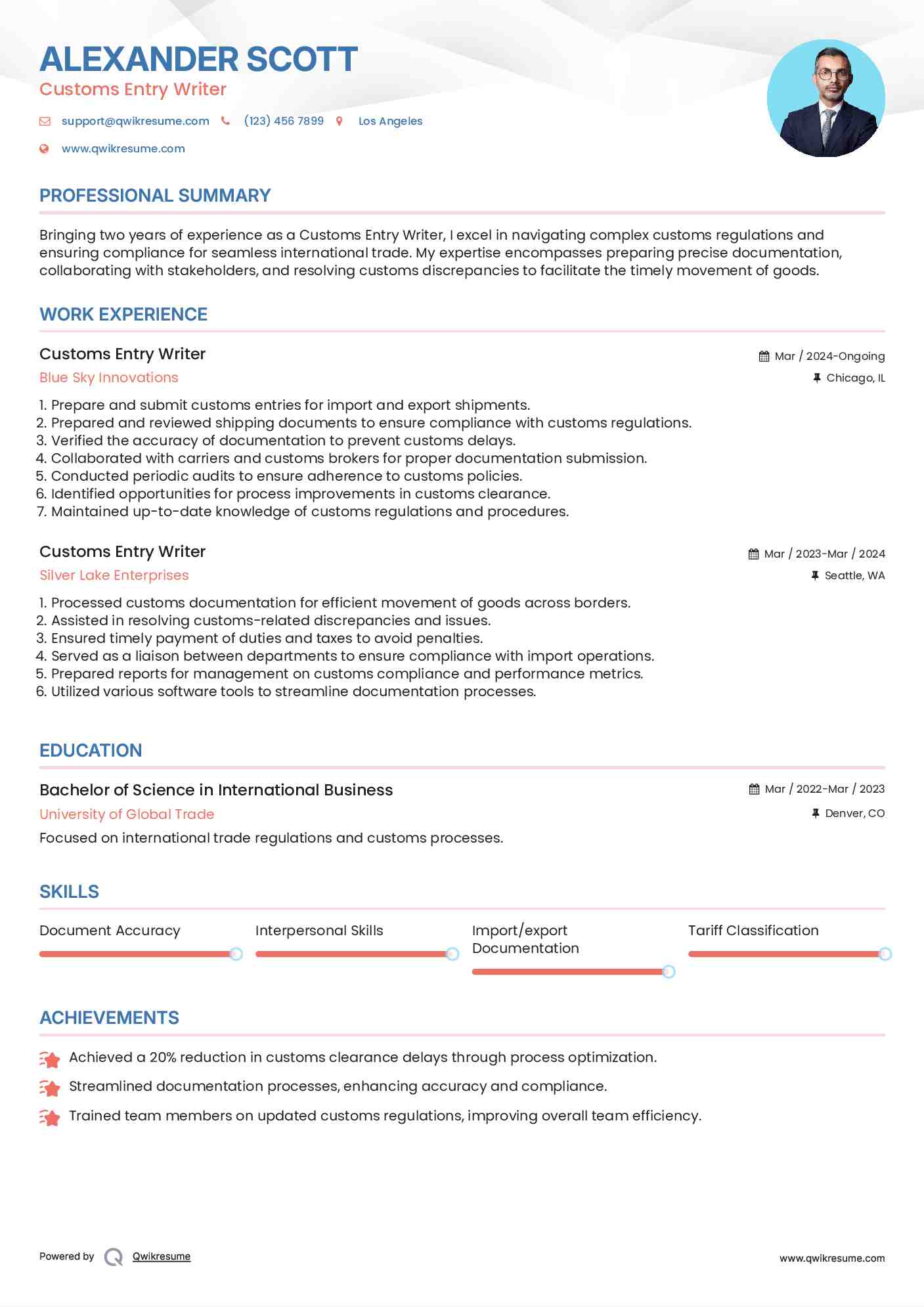 Customs Entry Writer Resume Sample
