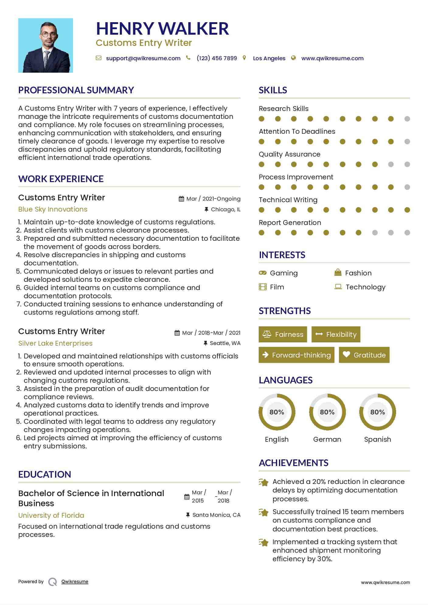 Customs Entry Writer Resume Example