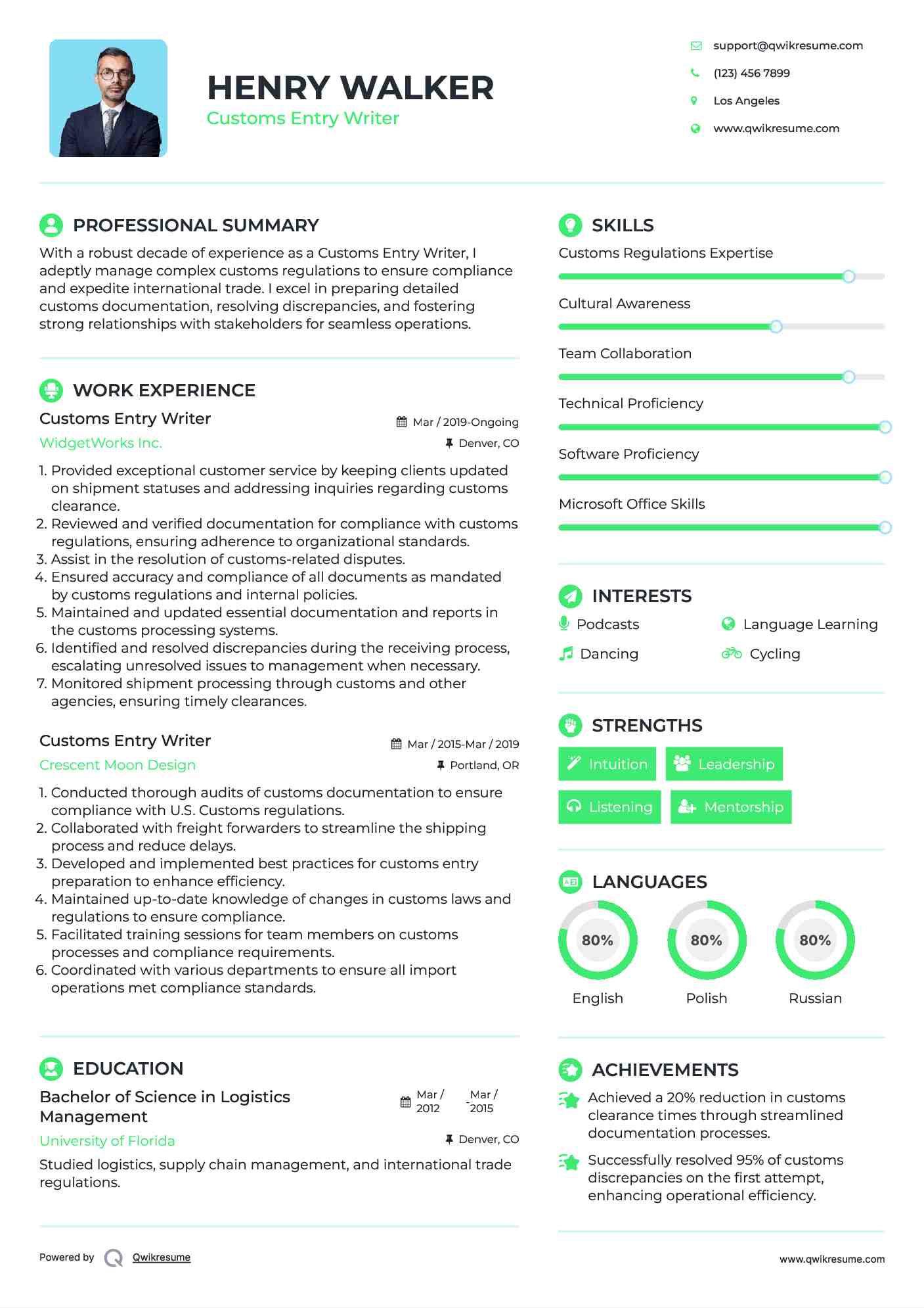 Customs Entry Writer Resume Sample