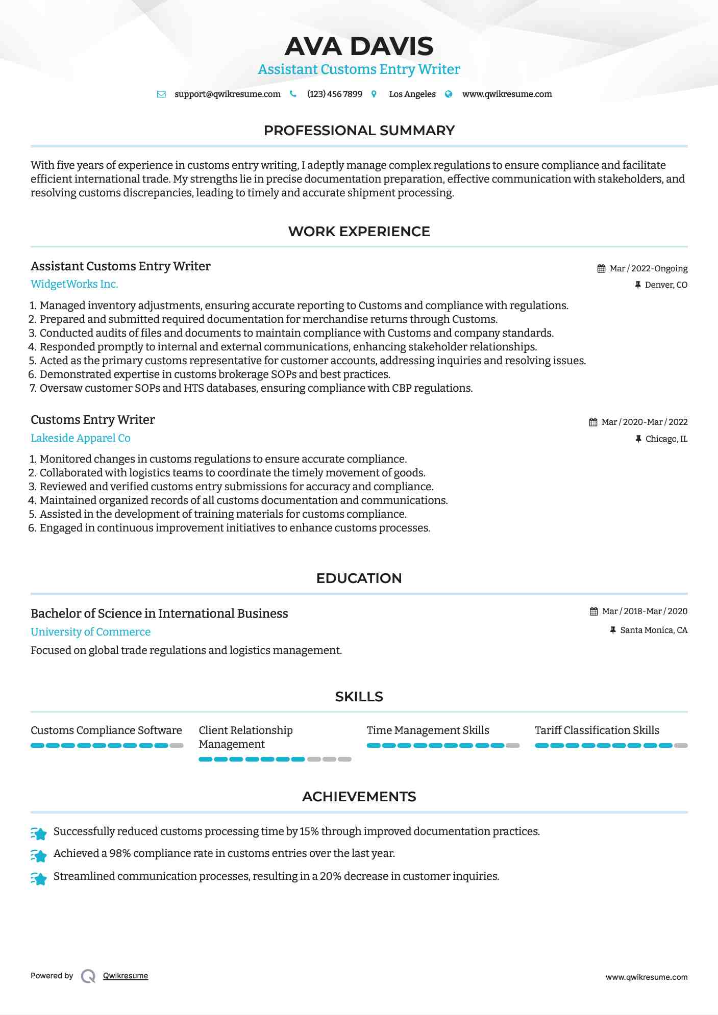 Assistant Customs Entry Writer Resume Example