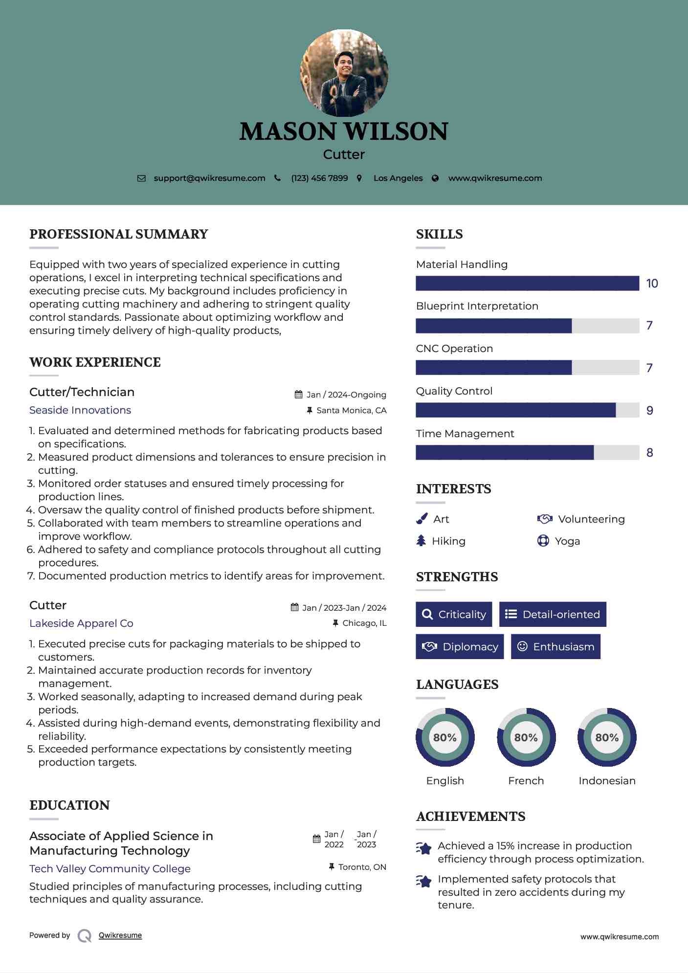 Cutter/Technician Resume Example