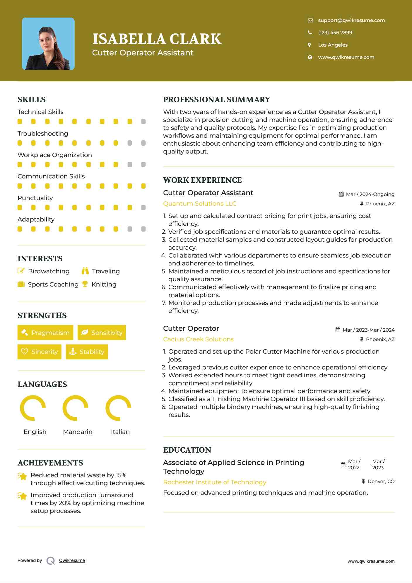 Cutter Operator Assistant Resume Template