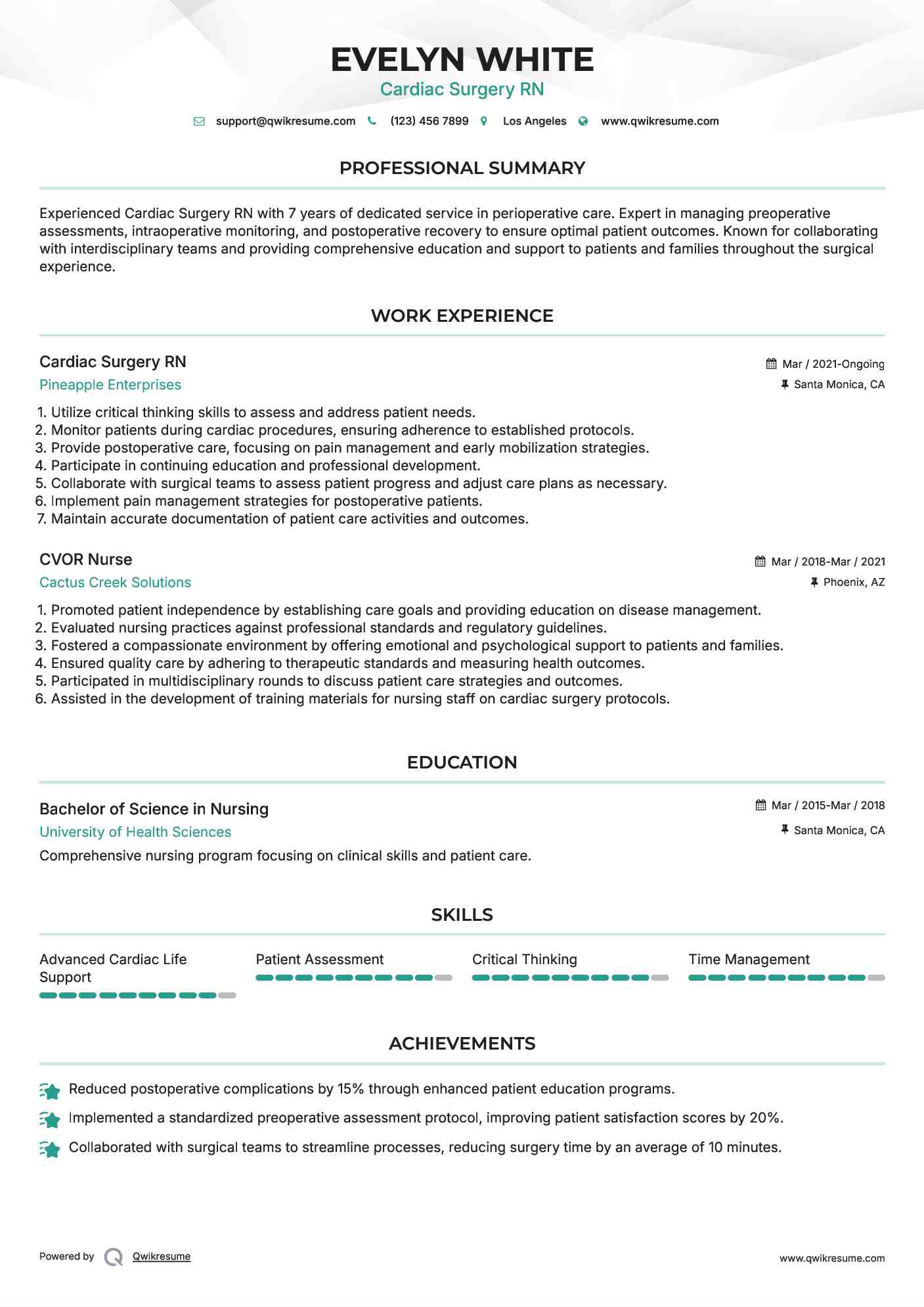 Cardiac Surgery RN Resume Format