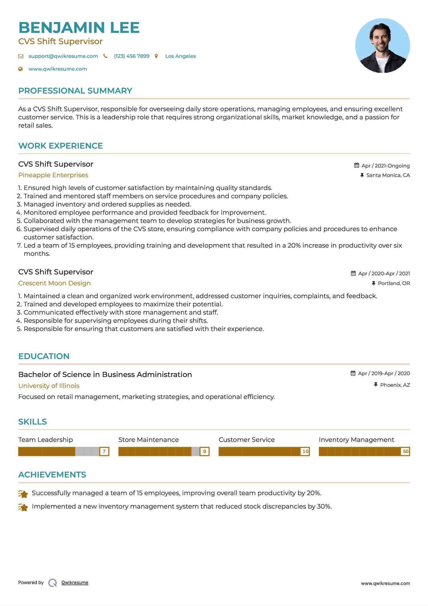 CVS Shift Supervisor Resume Sample