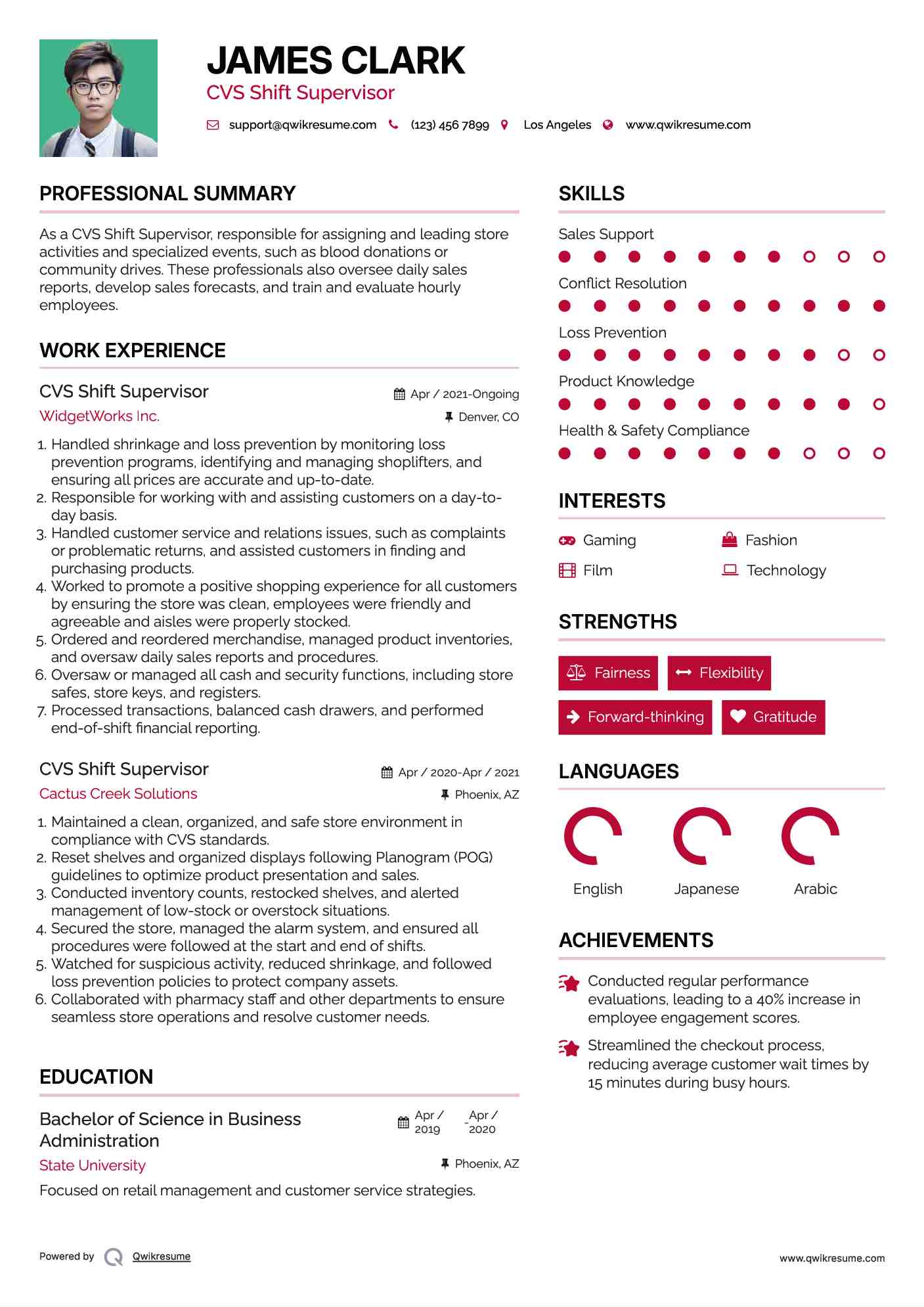 CVS Shift Supervisor Resume Model