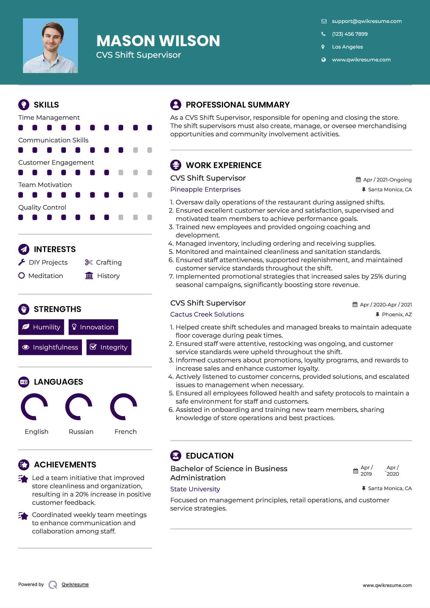 CVS Shift Supervisor Resume Example