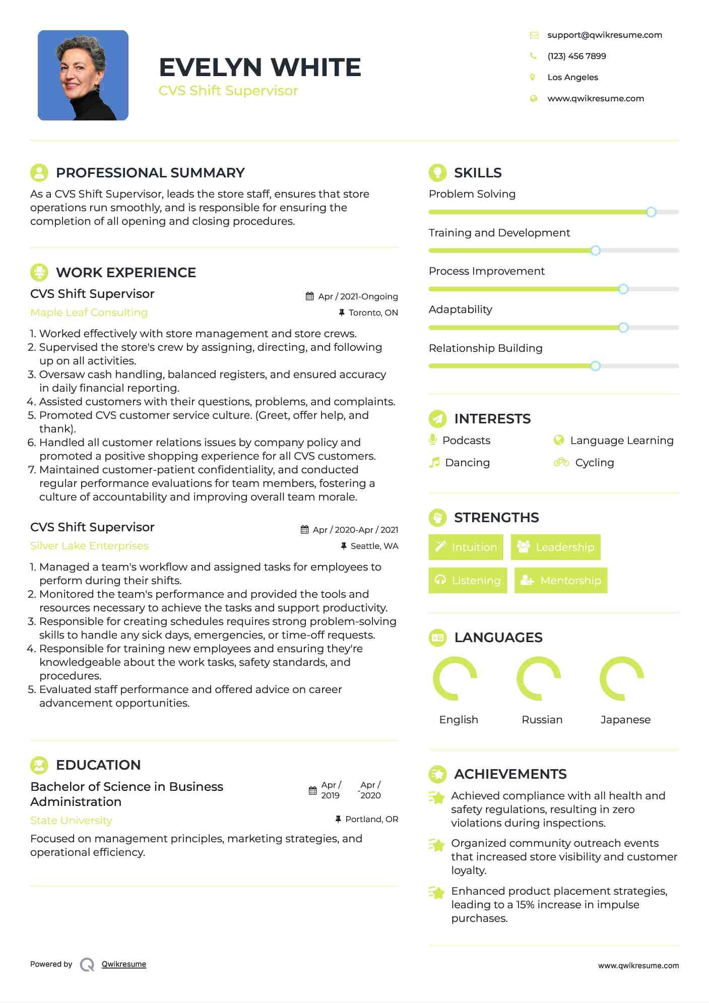 CVS Shift Supervisor Resume Sample