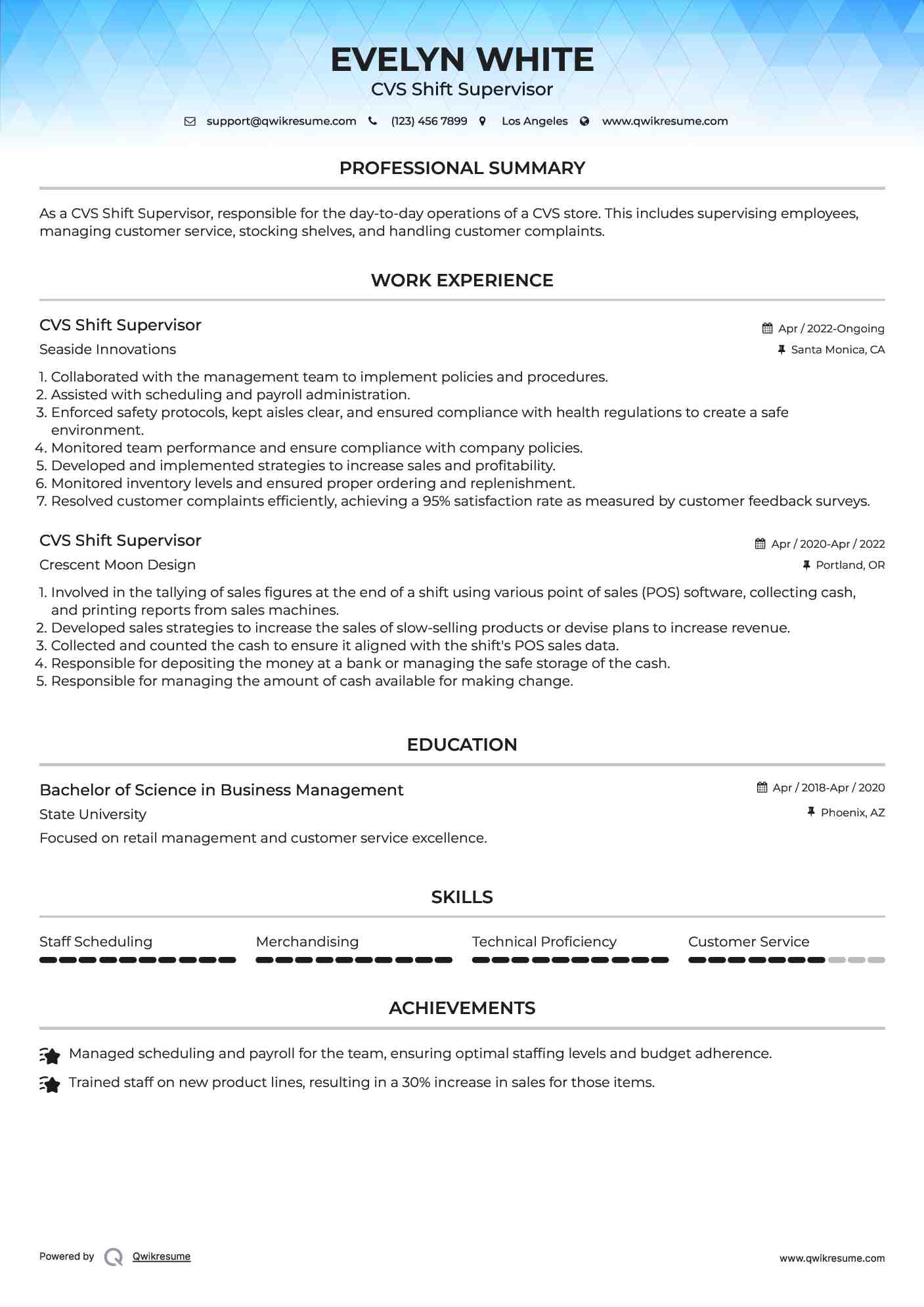 CVS Shift Supervisor Resume Format