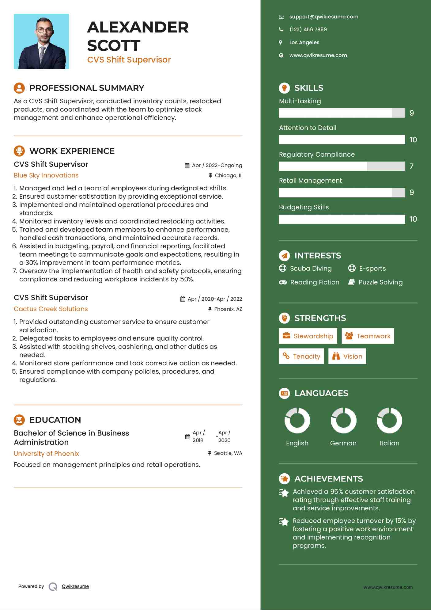 CVS Shift Supervisor Resume Template