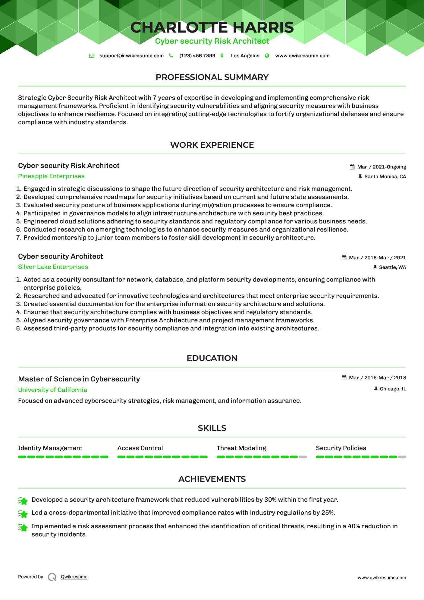 Cyber security Risk Architect Resume Example