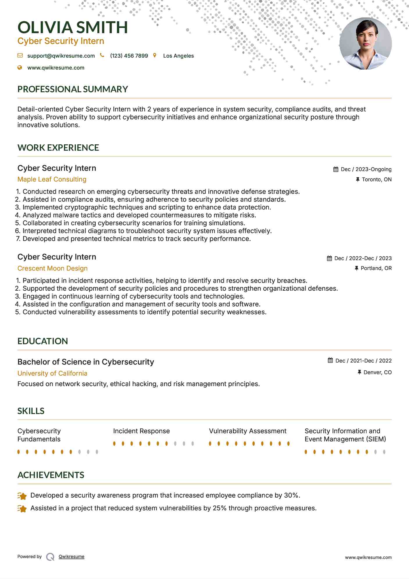 Cyber Security Intern Resume Sample